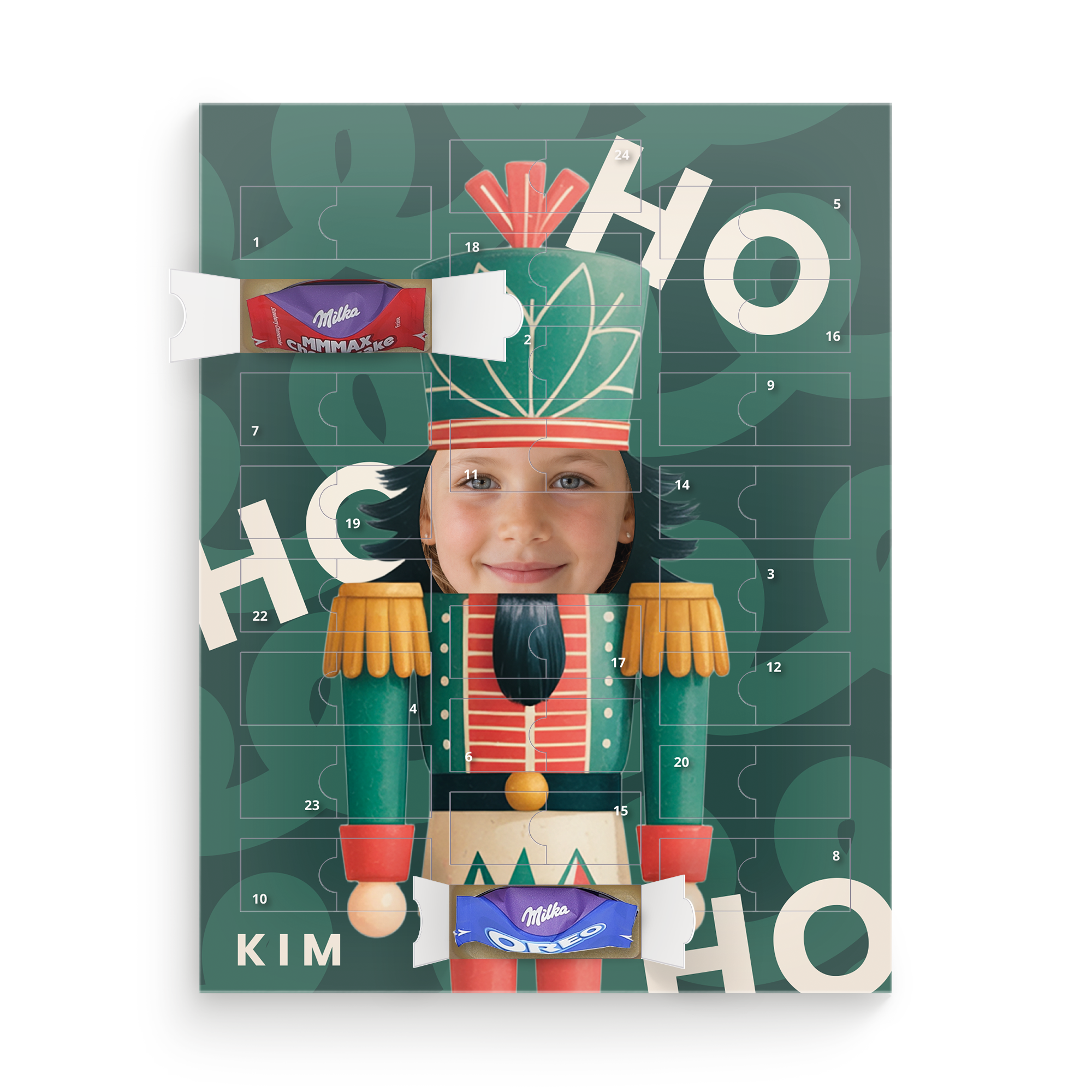 Gepersonaliseerde Milka Favourites adventskalender - eigen design met een foto van een meisje en de naam Kim, gedrukt op een notenkrakerontwerp.