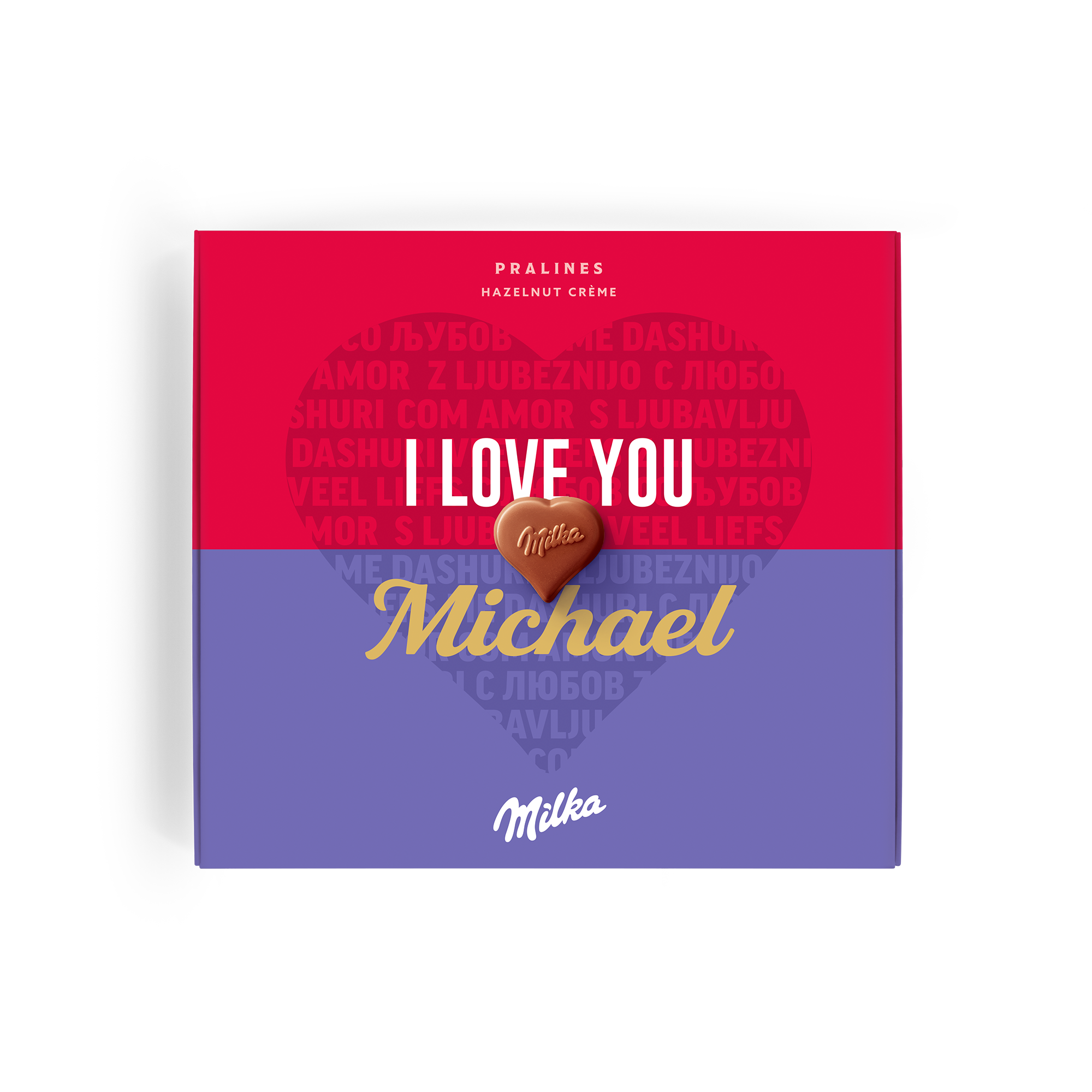Roodpaarse Milka Say it with Milka chocolade giftbox met witte tekst "I LOVE YOU", gepersonaliseerd met de naam "Michael" in goudkleur en een hartvormige praline.