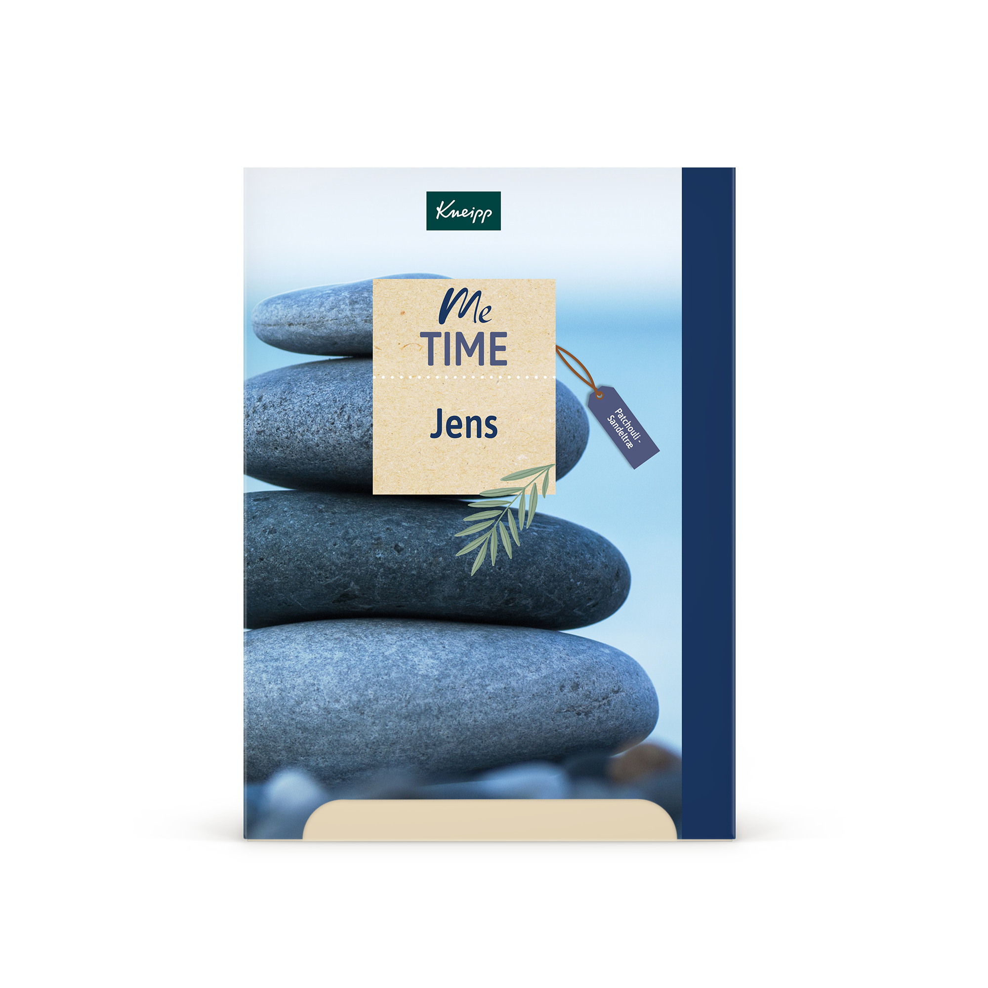 Personligt Hudplejesæt - Kneipp Me-Time med navn Jens trykt på en naturfarvet baggrund med sten i baggrunden, og en mørkeblå sidebjælke.