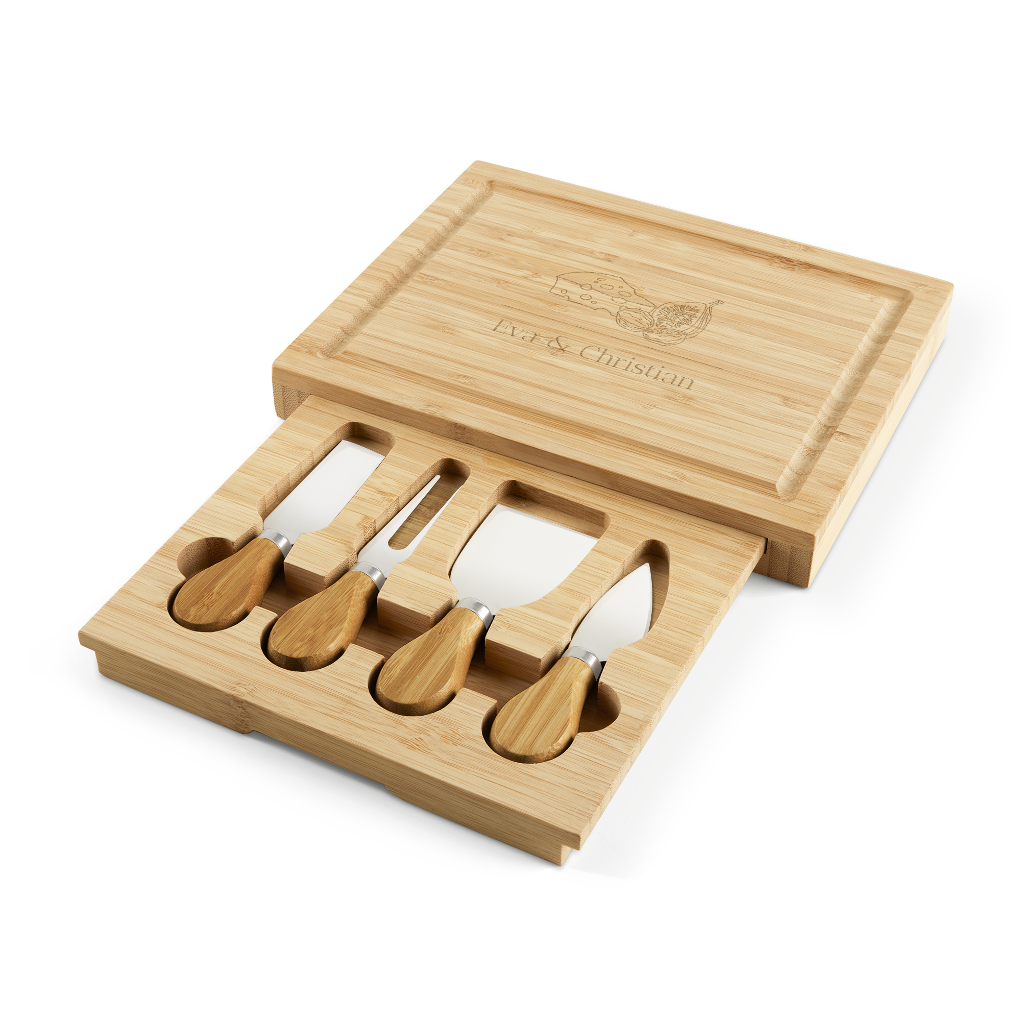 Set di coltelli da formaggio in bamboo personalizzato con inciso un nome e disegni a tema per vizia un amante del formaggio