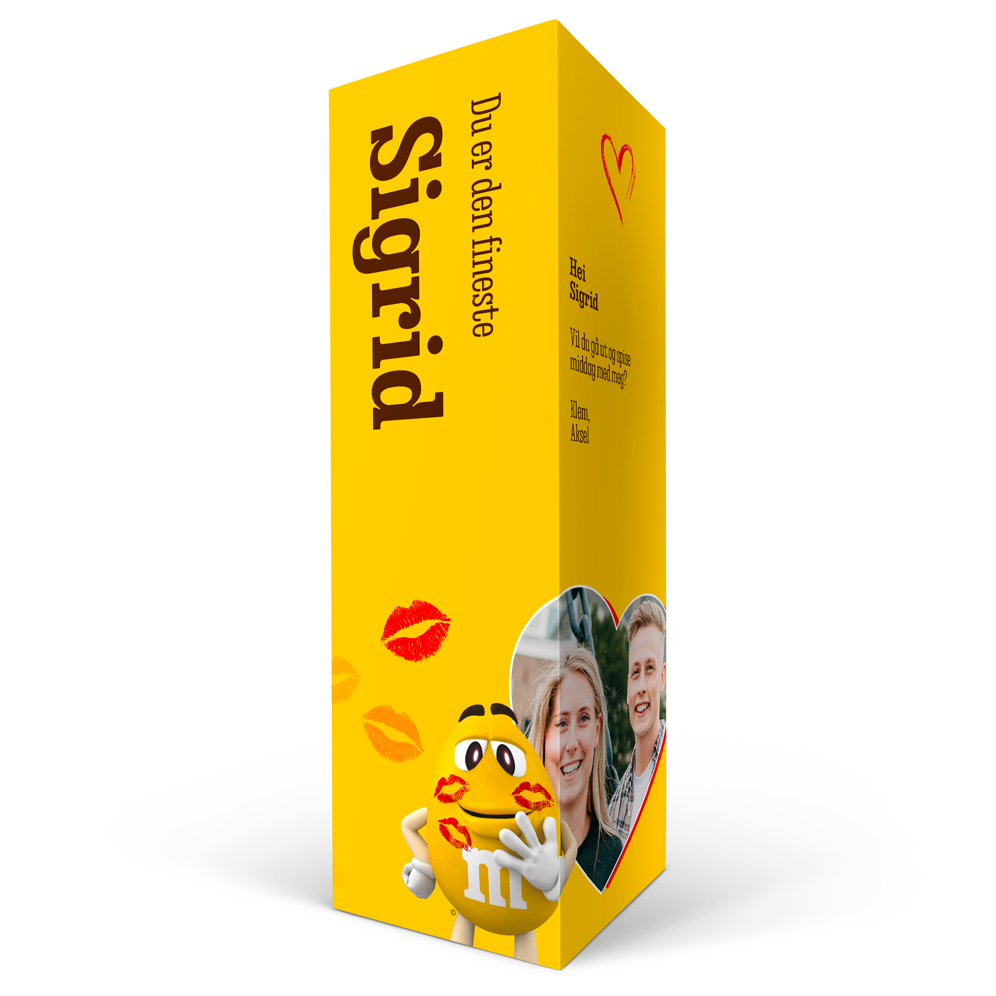En personlig tilpasset M&M's-gaveeske trykt med navn Sigrid, et parbilder og en kjærlig melding.