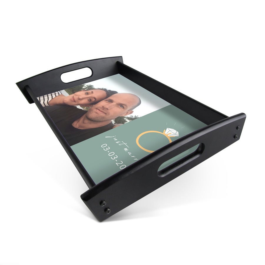 Personalised photo tray - Rectangle - Black - 23.5 x 37 cm Black wooden serving tray printed with a photo of a couple and custom text Just Married 03-03-2020 and ring graphic