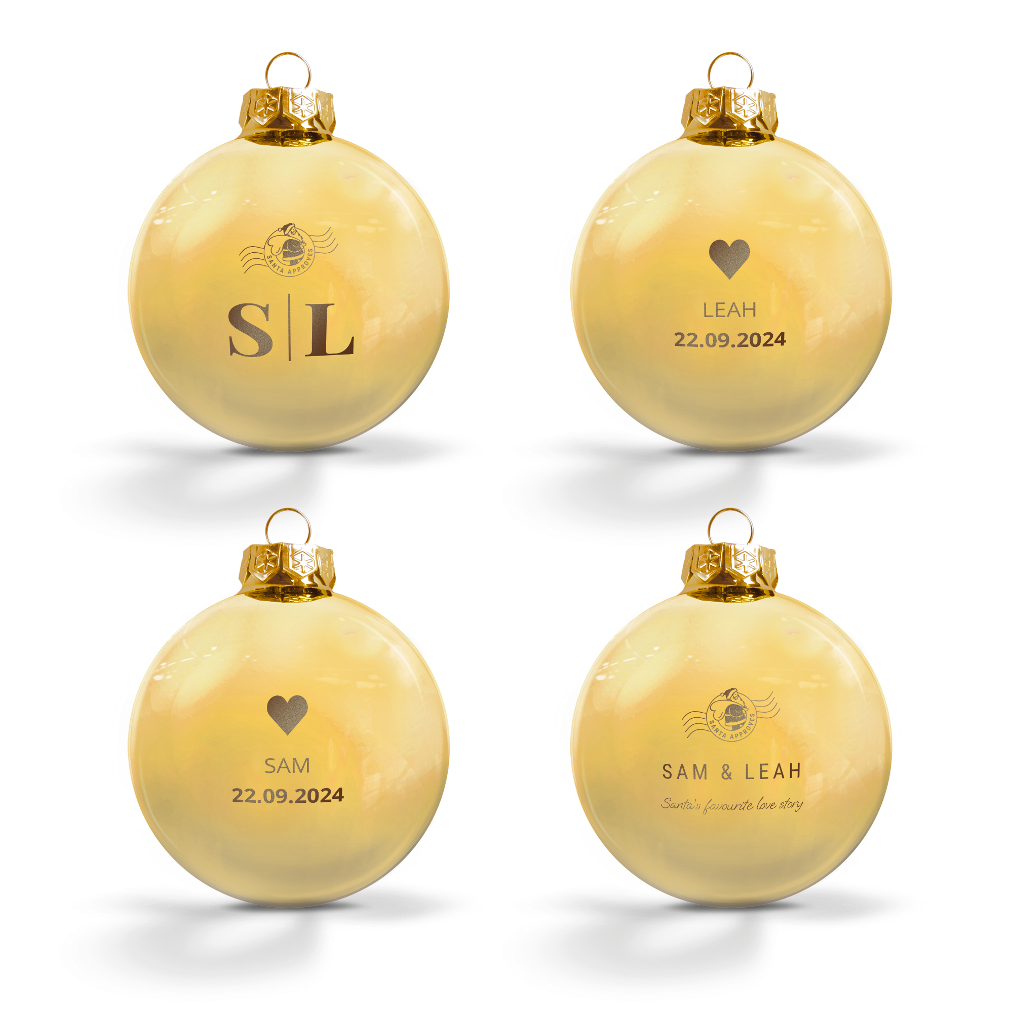 Bolas navideñas de cristal personalizadas con nombres como "SAM & LEAH" y fechas, grabadas para un toque especial.