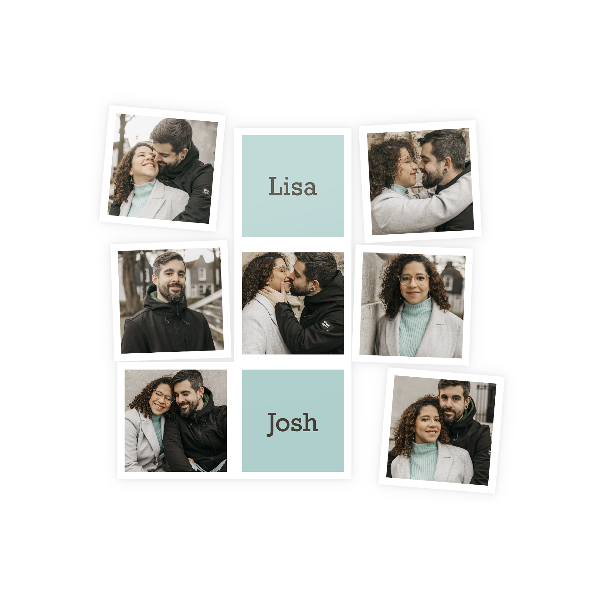 Sett med 9 personlige magneter med parbilder og navnene "Lisa" og "Josh" trykt på.