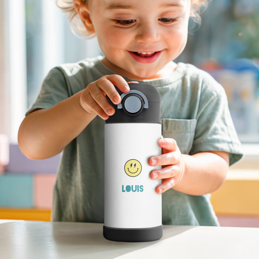 Gobelet bébé personnalisé Gourde en acier inoxydable personnalisée pour enfants, imprimée avec un visage souriant et le prénom LOUIS