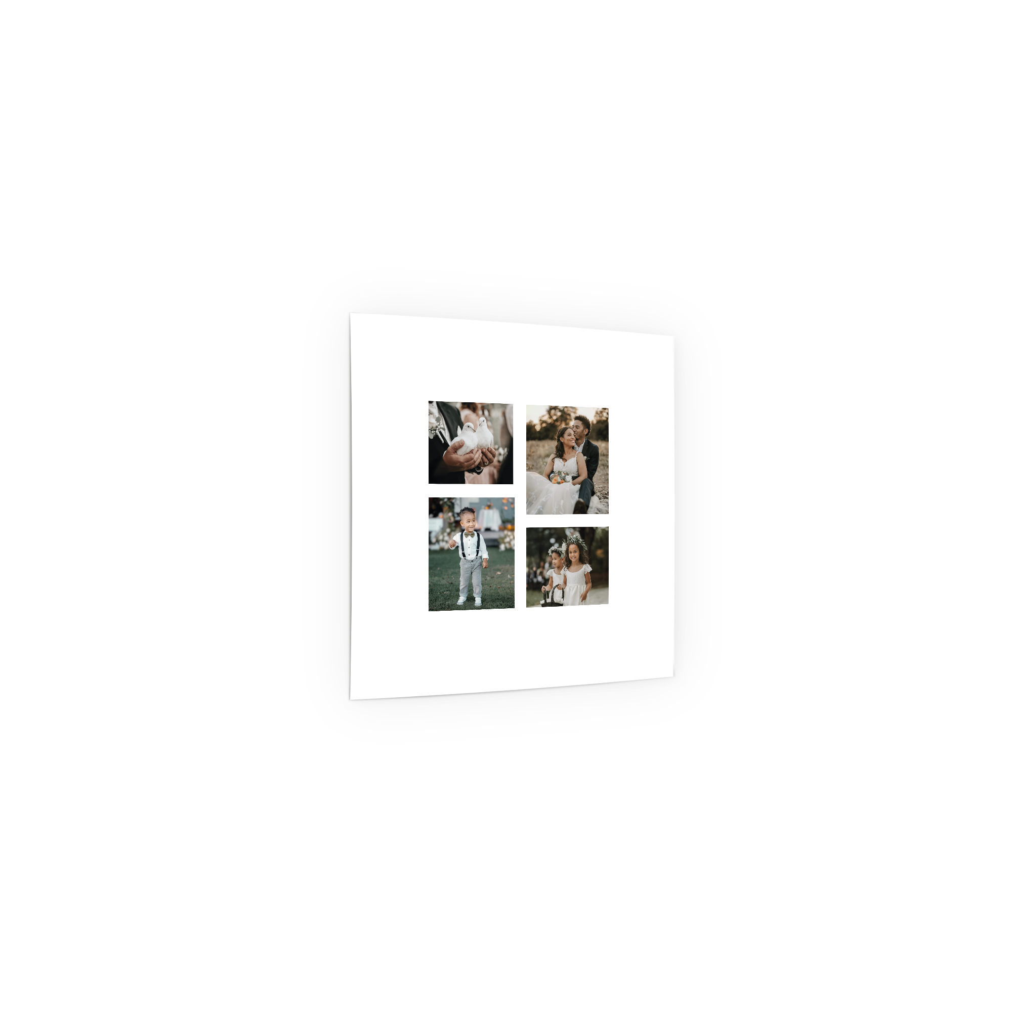 Personalisiertes Fotoposter mit vier Hochzeits- und Kinderfotos als Collage gedruckt, um deine Momente auf einzigartige Weise zu genießen.