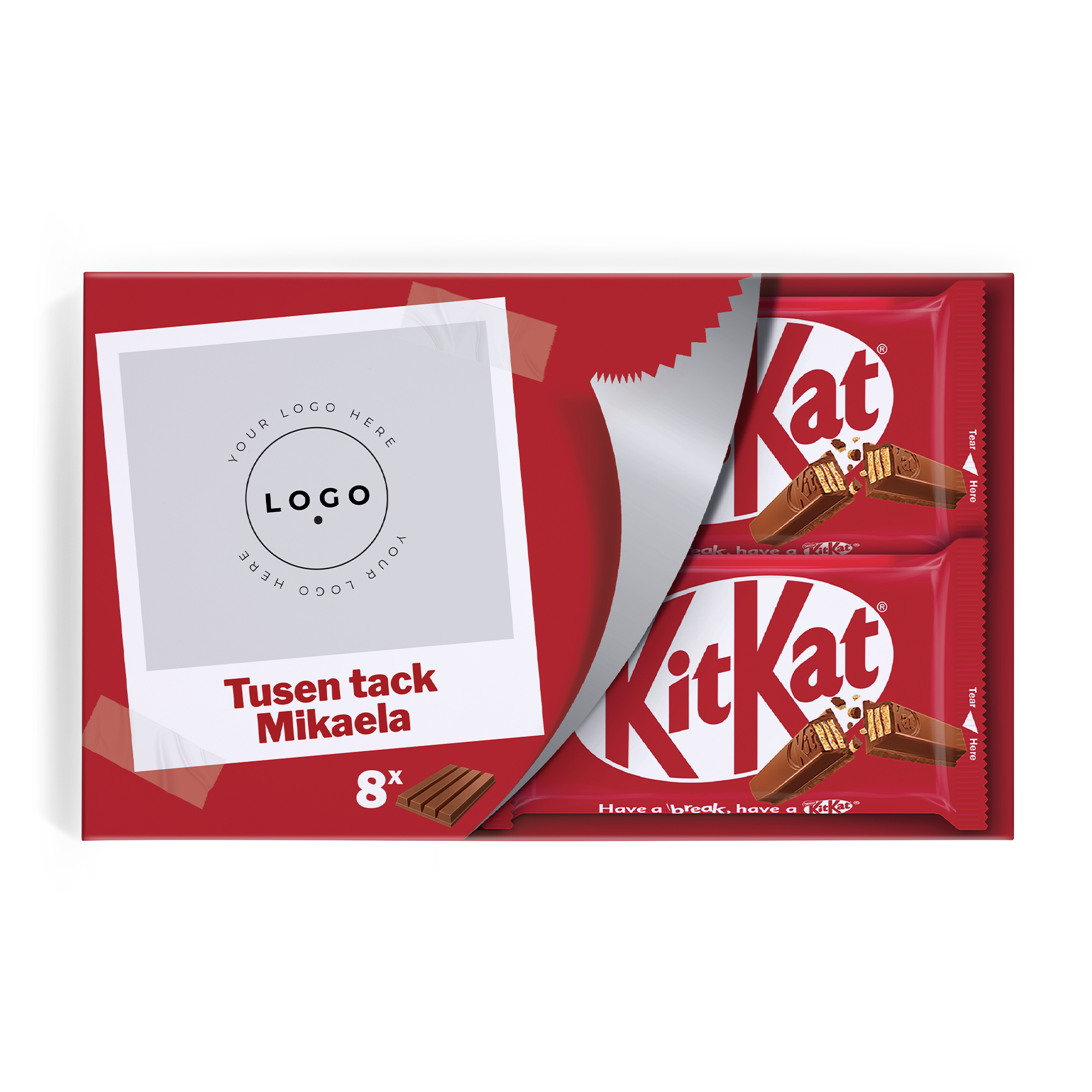 Personlig KitKat Bars presentförpackning med foto och texten "Tusen tack Mikaela", innehållande 8 KitKat chokladkakor.