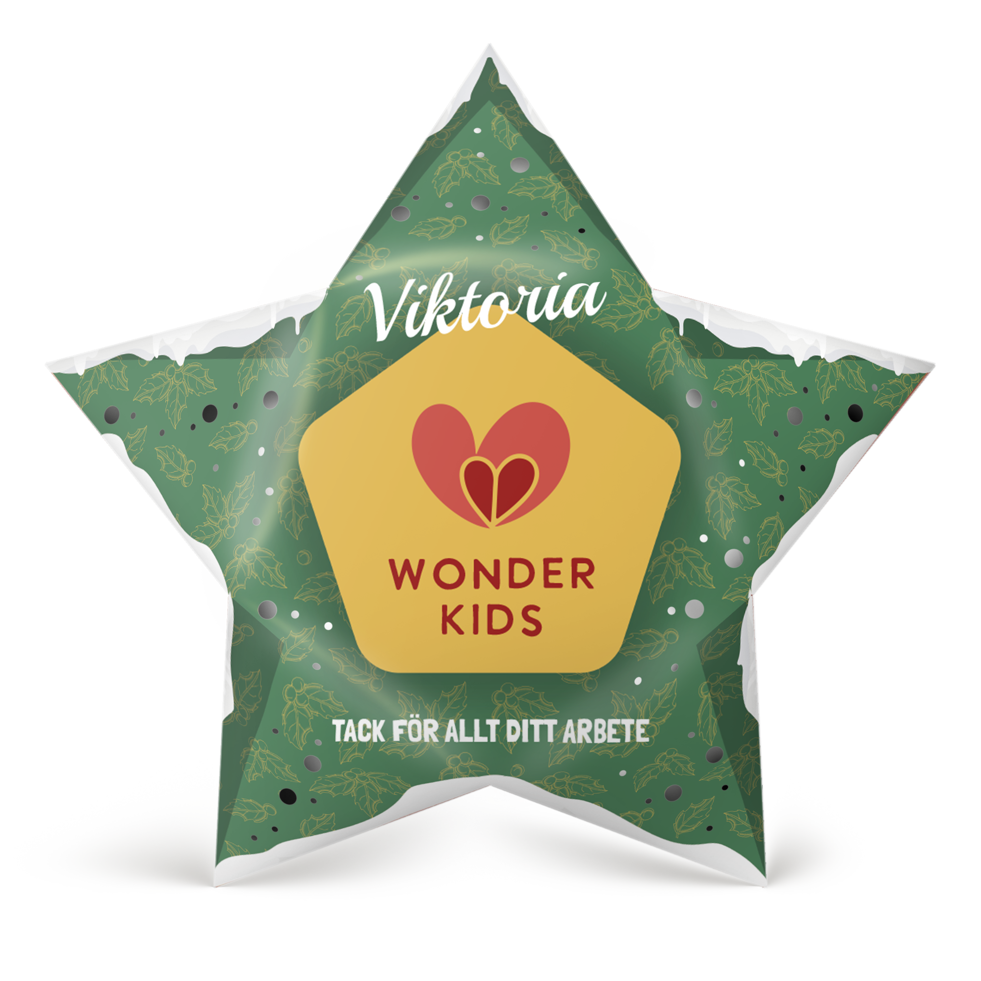 DIY pappersjulstjärna i grönt med personligt tryckt namn Viktoria, logotyp Wonder Kids och meddelandet Tack för allt ditt arbete. Lys upp semestern med en personlig touch.