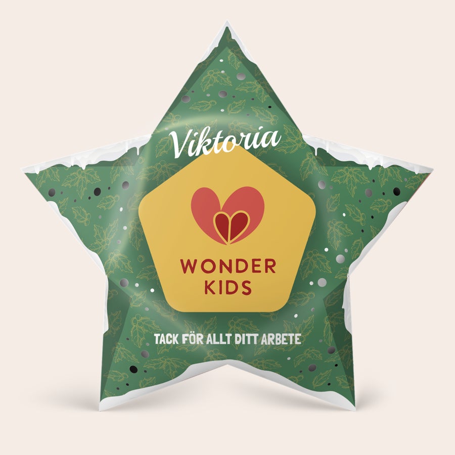 Personlig DIY papper Julstjärna - 42,5 cm - Inklusive ljus DIY pappersjulstjärna i grönt med personligt tryckt namn Viktoria, logotyp Wonder Kids och meddelandet Tack för allt ditt arbete. Lys upp semestern med en personlig touch.