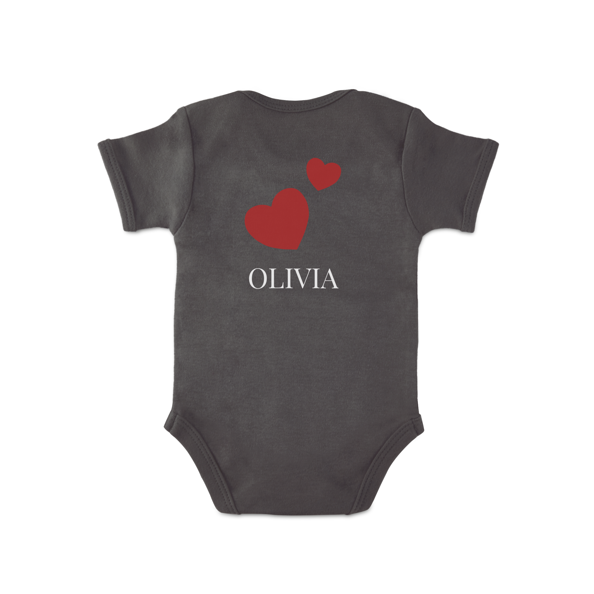 Siv otroški bodi s potiskom imena "OLIVIA" in rdečih srčkov, idealen za novopečene starše.