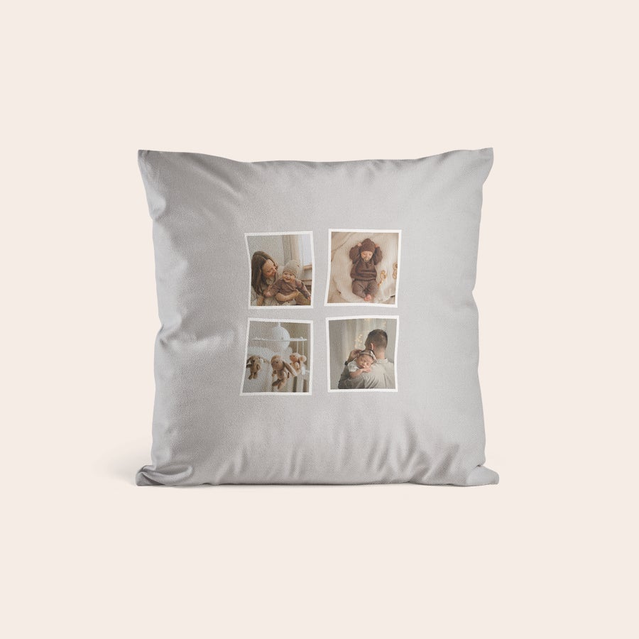 Personalised cushions & cushion cases Soft grey personalized cushion case printed with four square photos of a baby