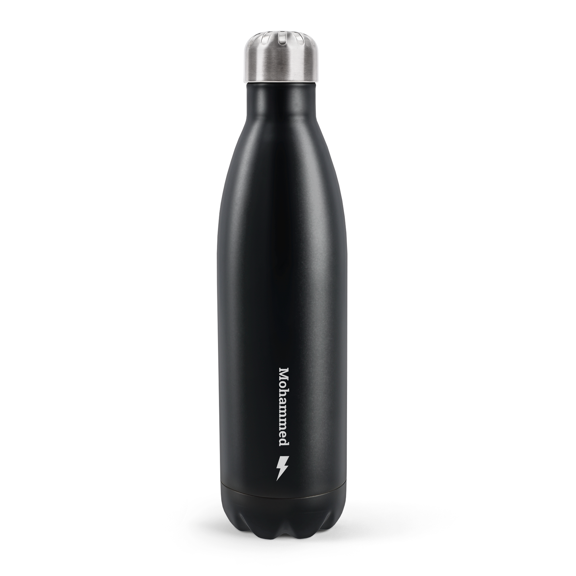 Black personalized thermos flask with a silver cap, engraved with the name Mohammed and a lightning bolt symbol.