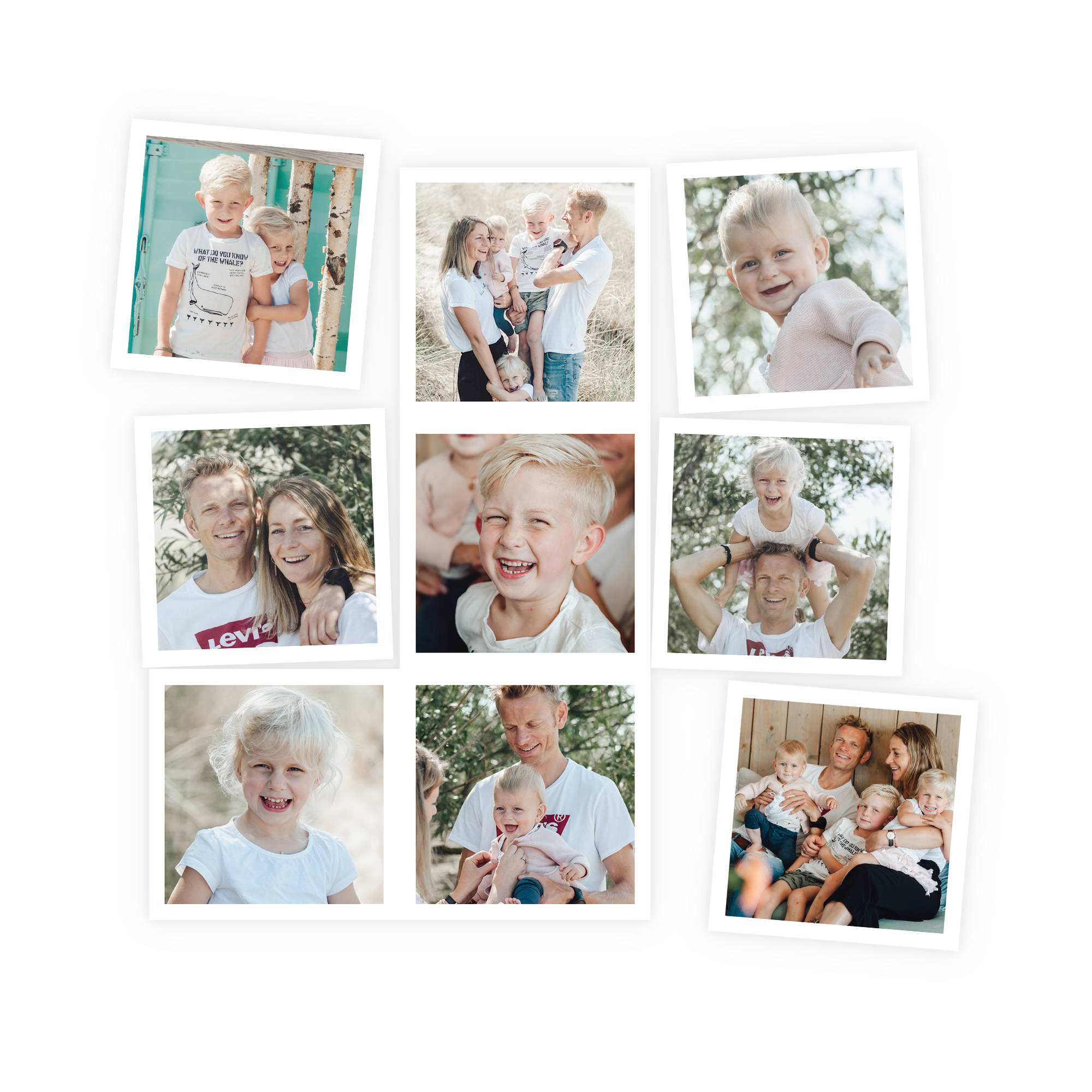 Negen gepersonaliseerde magneten met diverse familiefoto's, bedrukt met eigen design.