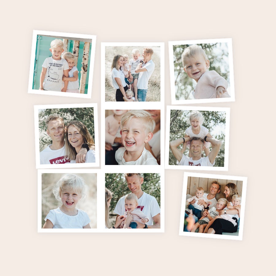 Koelkast magneten met foto Negen gepersonaliseerde magneten met diverse familiefoto's, bedrukt met eigen design.