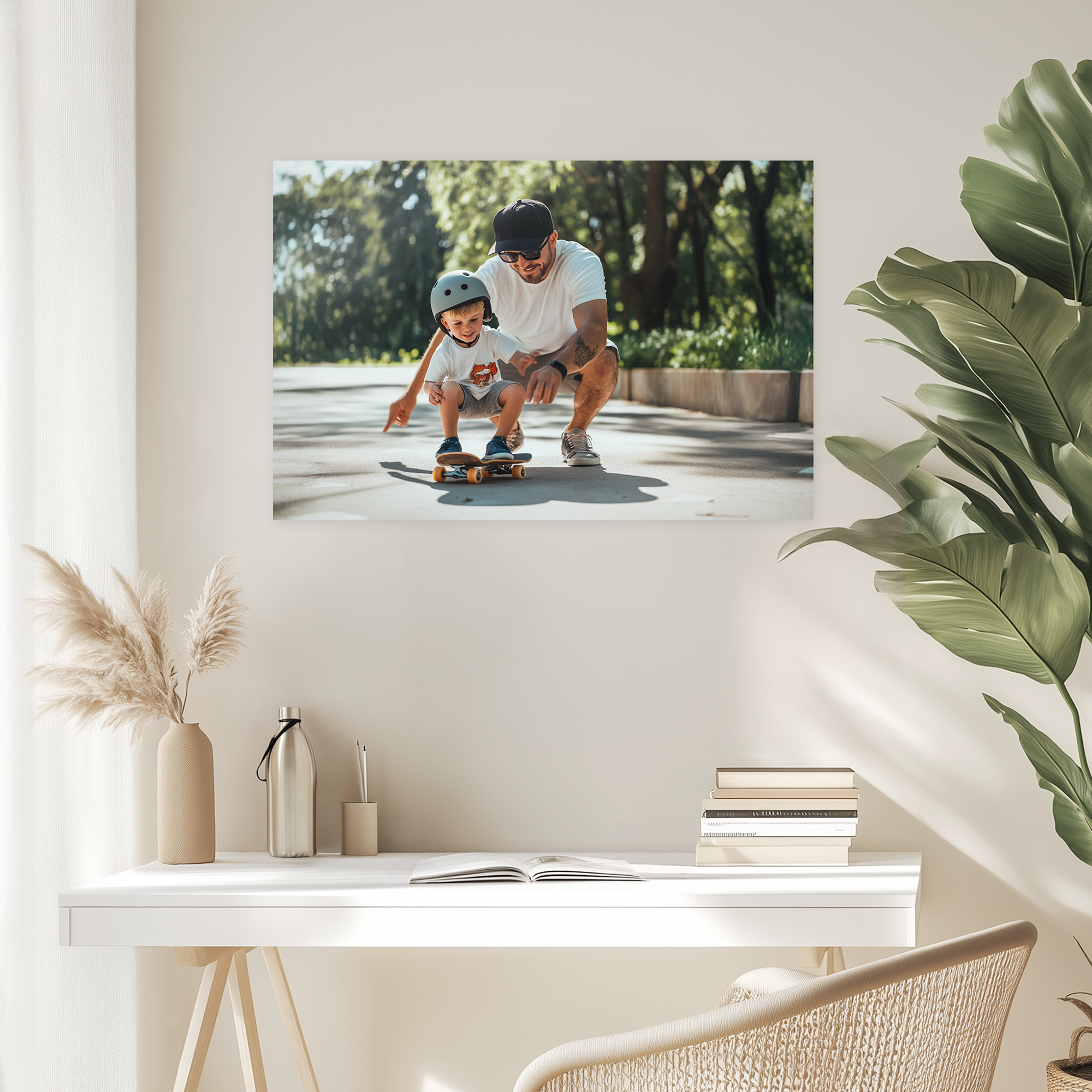 Personalisiertes Fotoposter gedruckt mit einem Vater und Kind beim Skateboardfahren. Genieße von deinen schönsten Momente auf einzigartige Weise, dein Foto als Poster!
