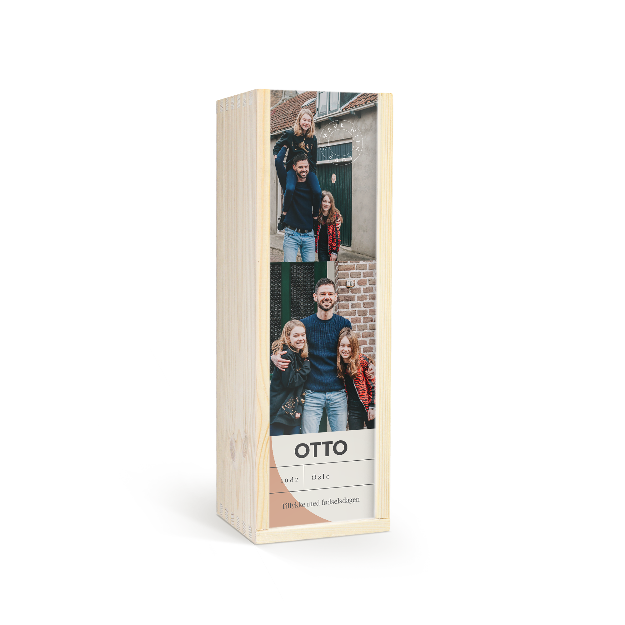 Personaliseret trækasse til en flaske Glen Talloch whisky med dit billede og teksten Otto Oslo Tillykke med fødselsdagen.