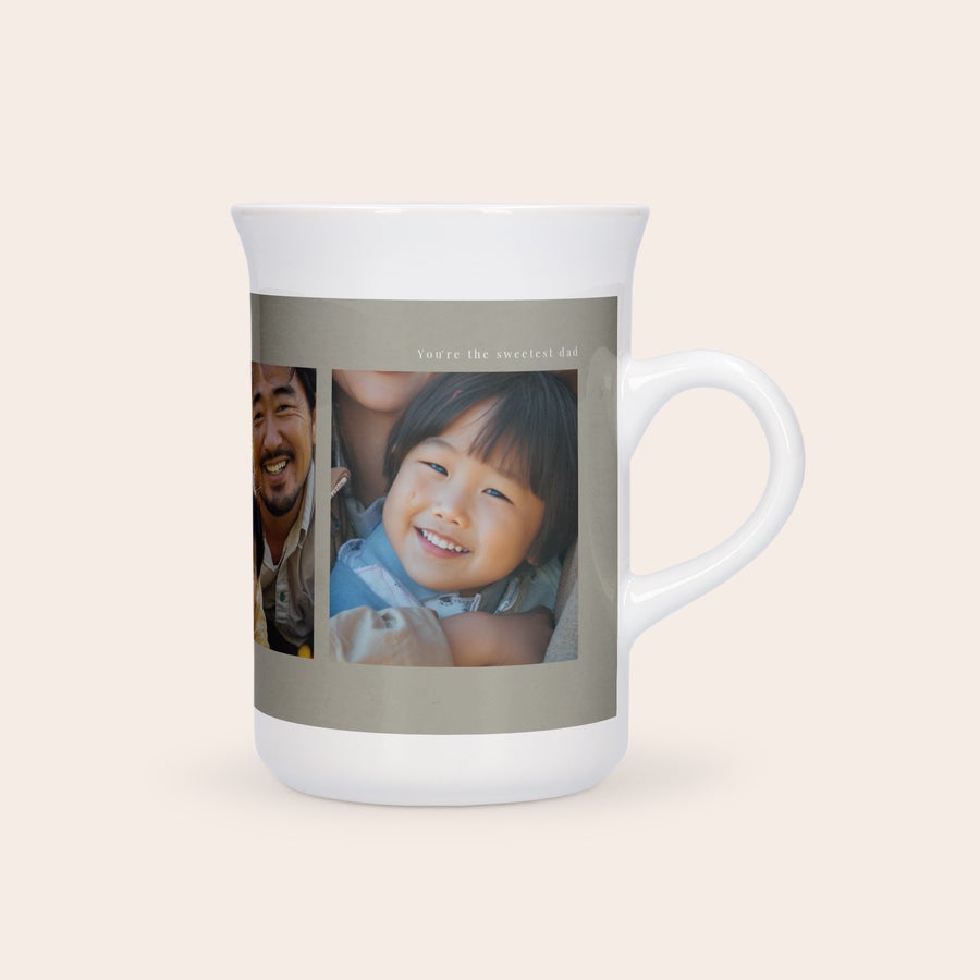 Teemuki Kuppi kuumaa maistuu ylelliseltä tästä kauniista kaarevasta mukista painettuna valokuvakollaasilla ja tekstillä "You're the sweetest dad"
