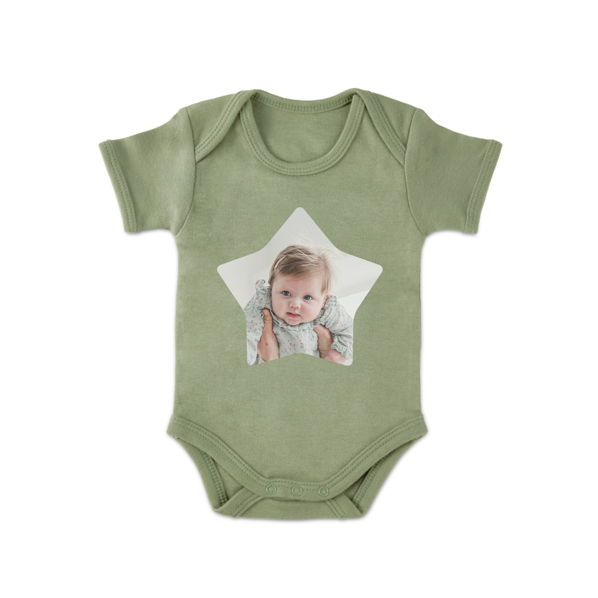 Body verde personalizado com foto de bebé em forma de estrela, ideal para surpreender os recém papás