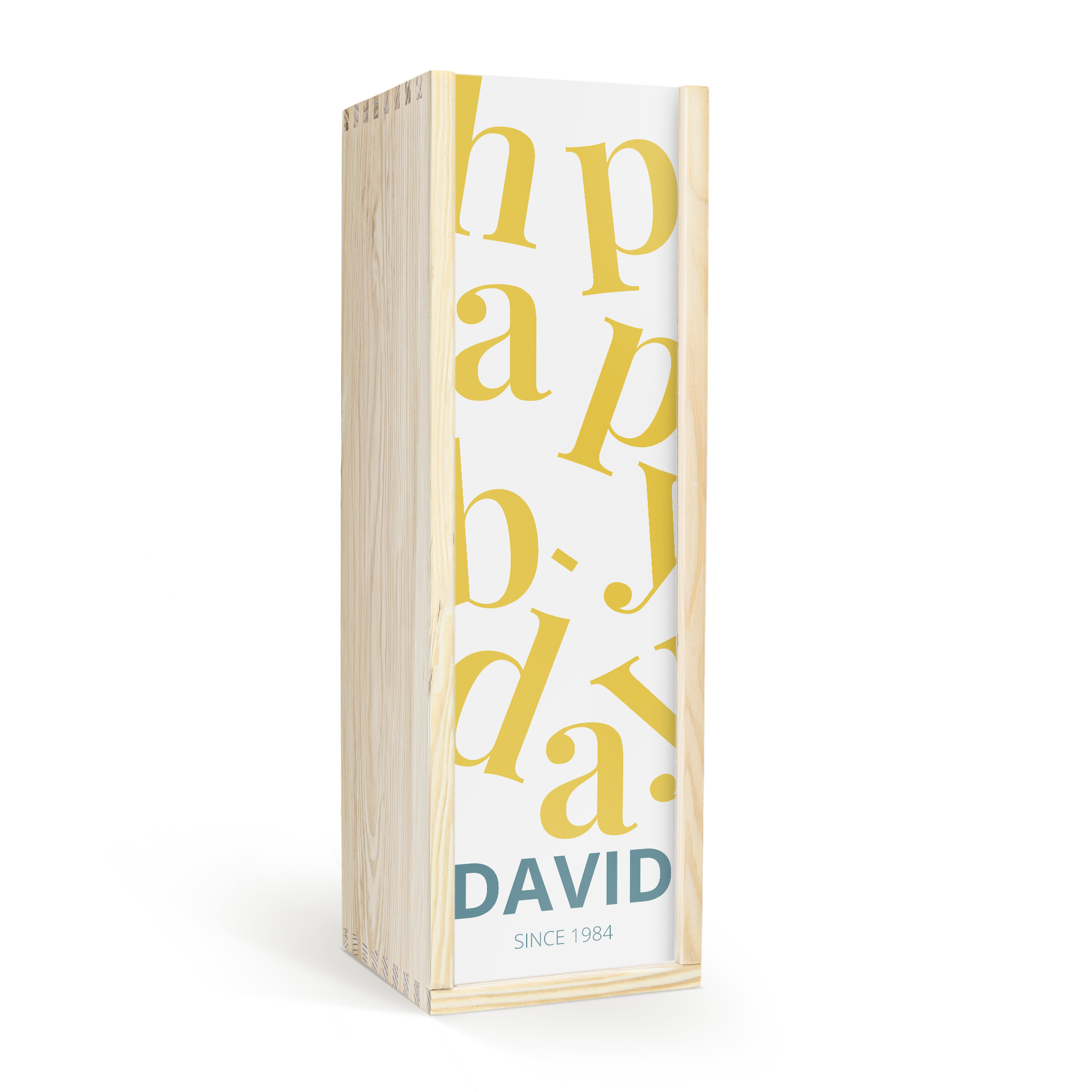 Personalized Graham's 10 Years port in a wooden case, printed with a Happy Birthday design, David and Since 1984 text