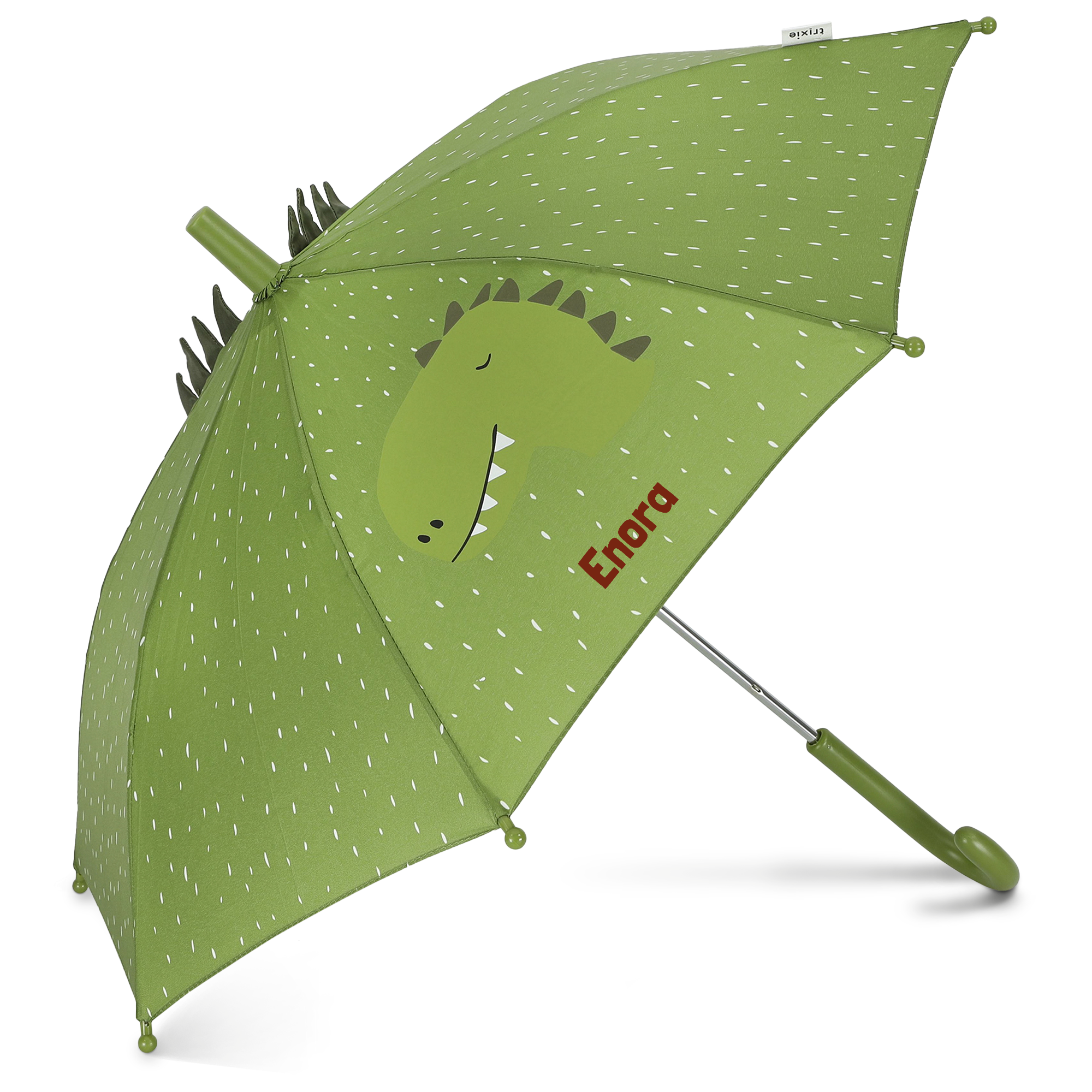 Parapluie enfant vert motif dinosaure avec le nom Enora imprimé pour marcher sous la pluie