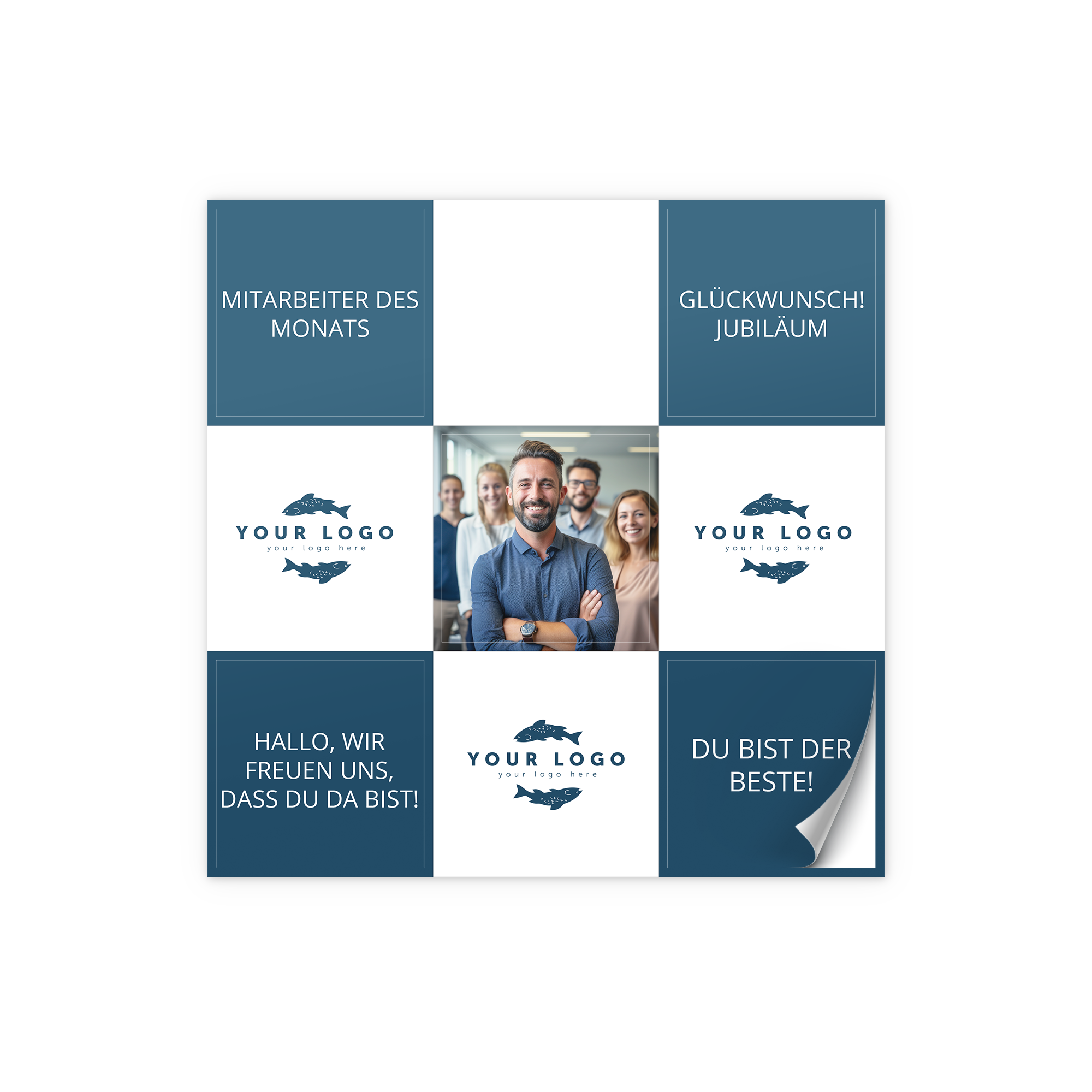 Ein Bogen Fotosticker, bedruckt mit persönlichen Designs, einem Foto von Mitarbeitern und Firmenlogos, mit Texten wie Mitarbeiter des Monats, Jubiläum und Du bist der Beste