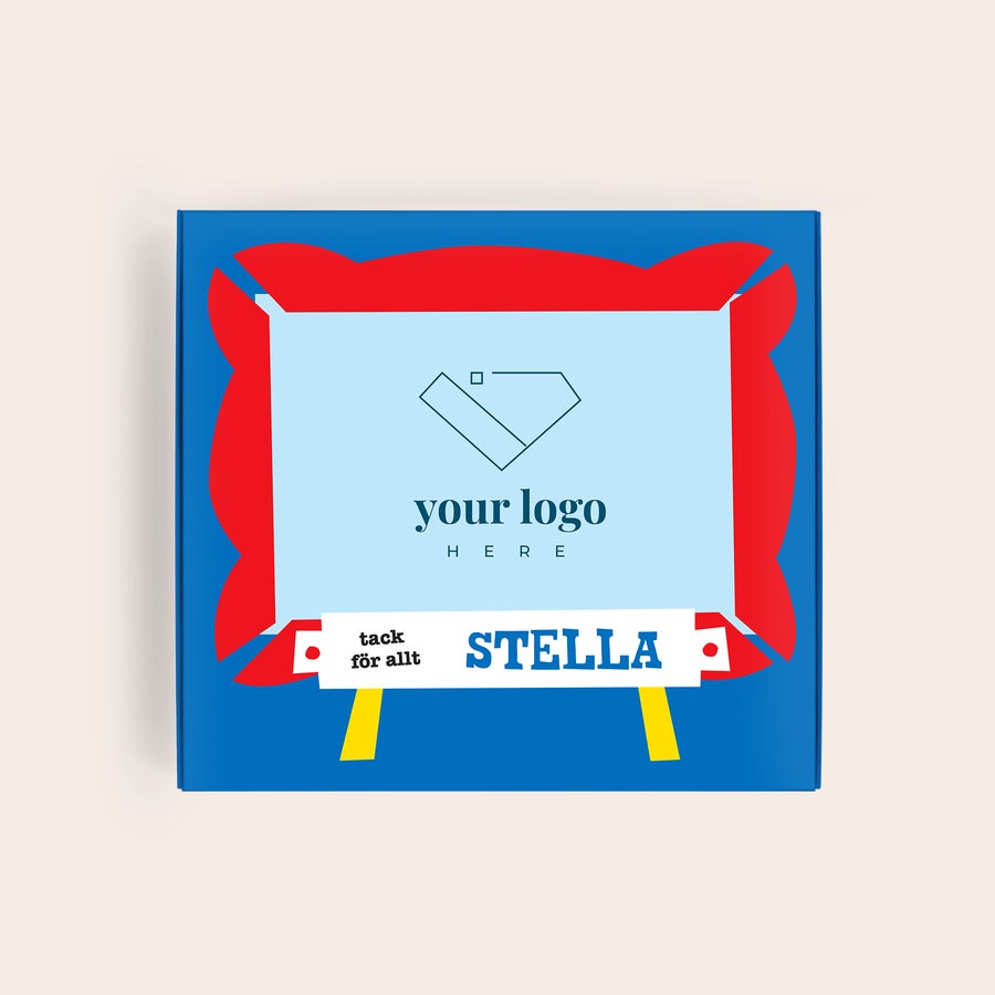 Tony's Chocolonely Presentask Tony's Chocolonely mjölkchoklad i en personlig presentförpackning med texten "tack för allt STELLA" och plats för egen logotyp