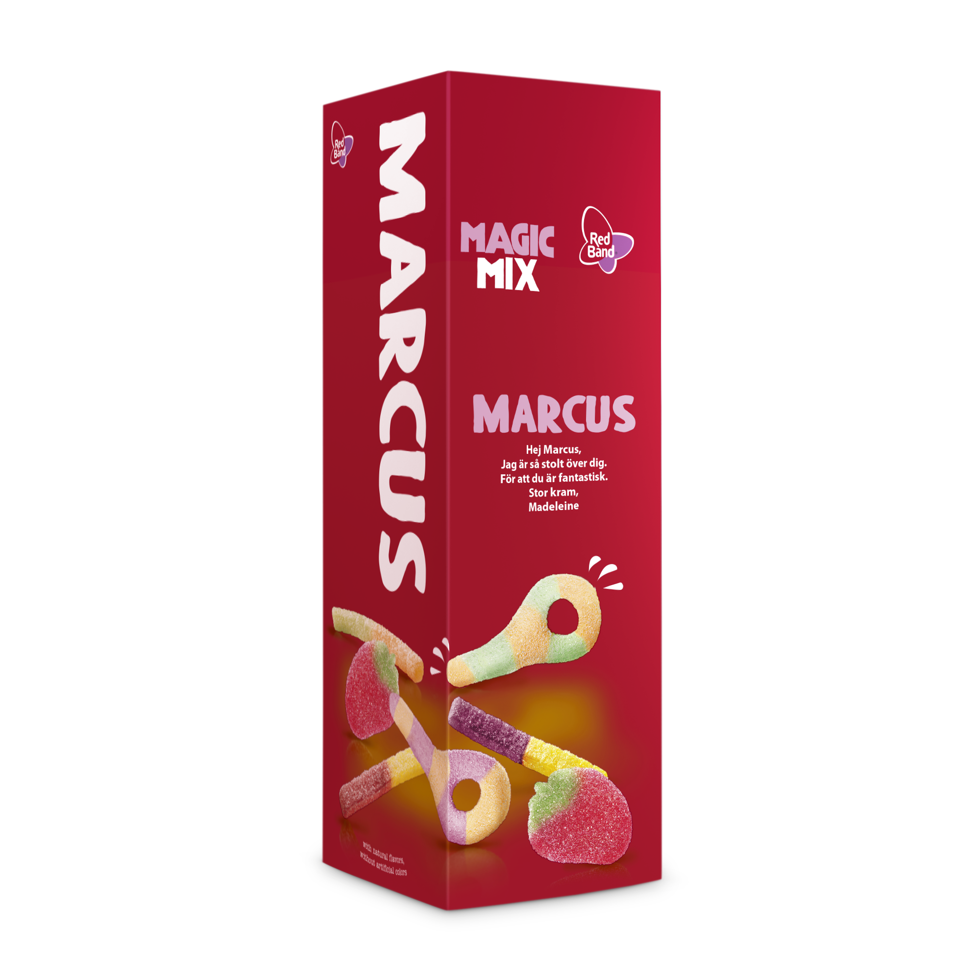 Röd personlig presentförpackning med Red Band godis, texten Marcus och ett meddelande från Madeleine. Vilket ögonblick kommer du att fira med denna magiska godismix i personlig presentförpackning?