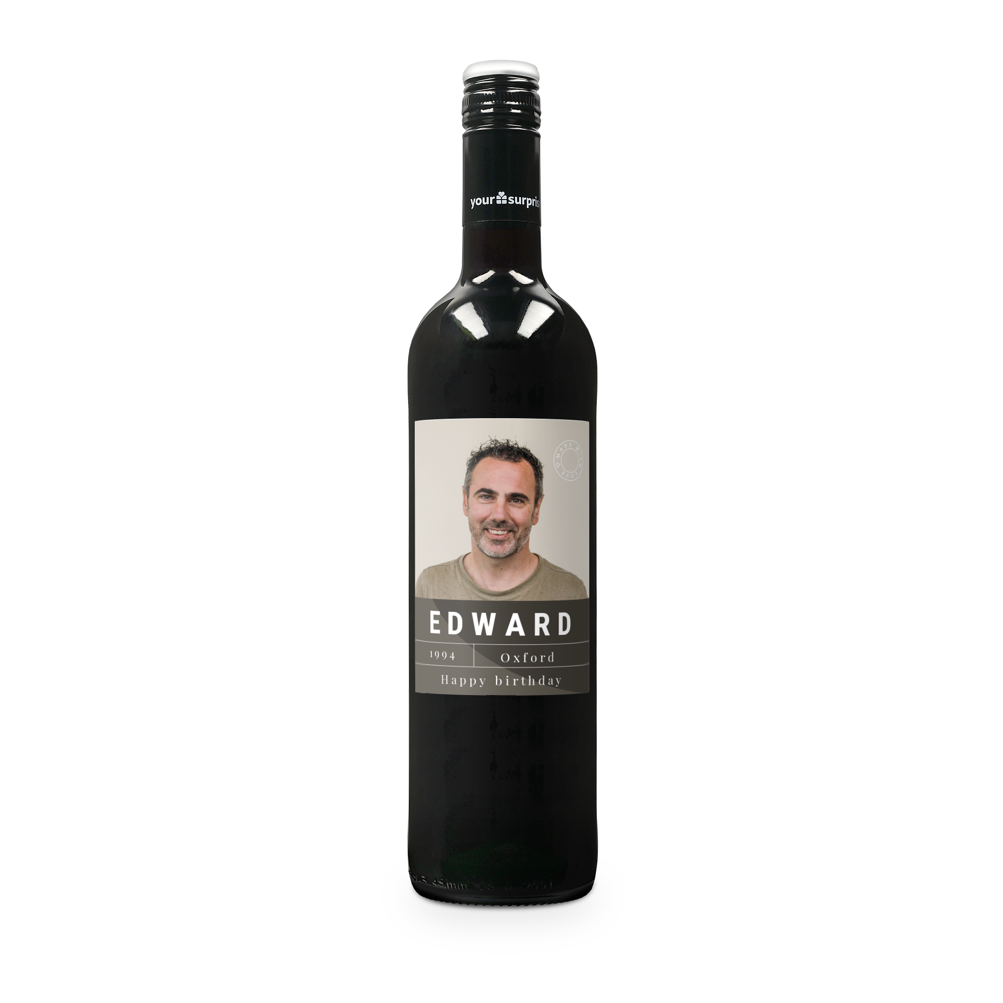 Sticlă de vin Luc Pirlet cu etichetă personalizată cadou, cu fotografia și numele Edward tipărite