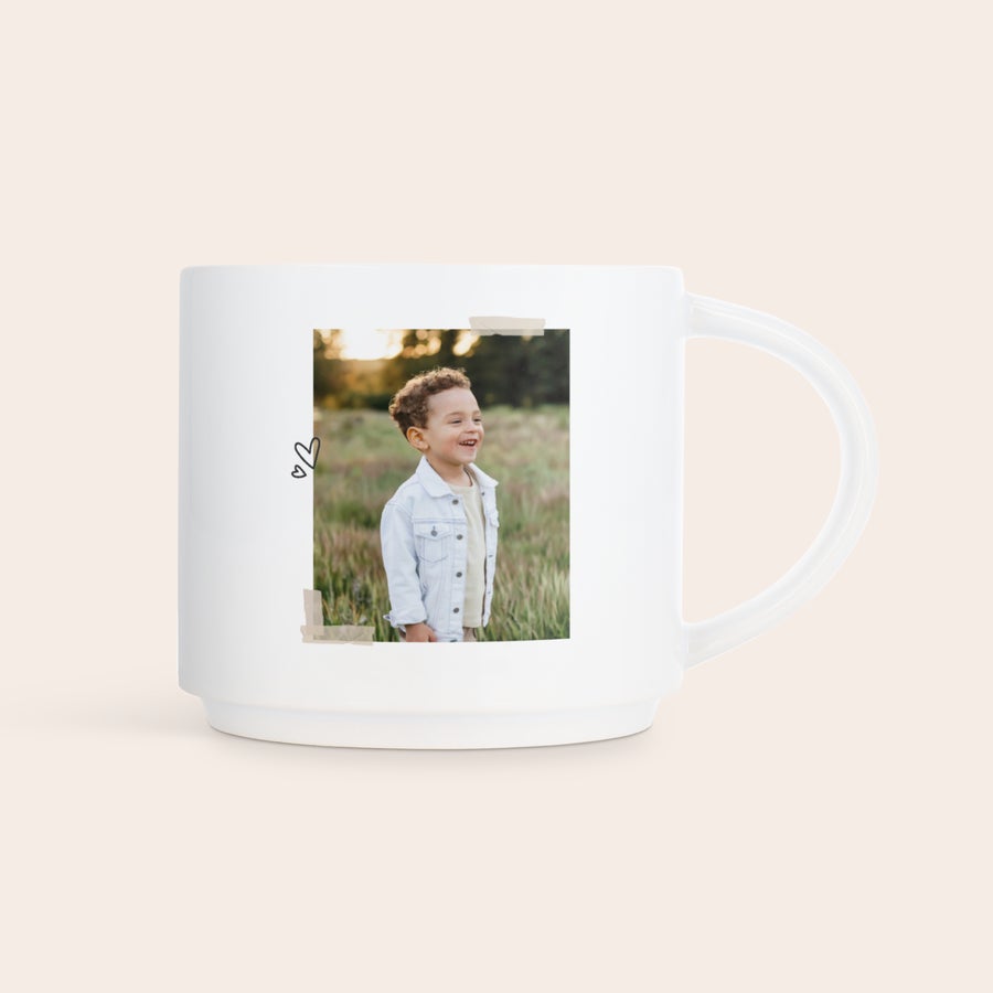 Canecas empilháveis com fotografia Caneca de fotos empilhável personalizada com foto de criança sorrindo em um campo, iniciando o dia com memórias