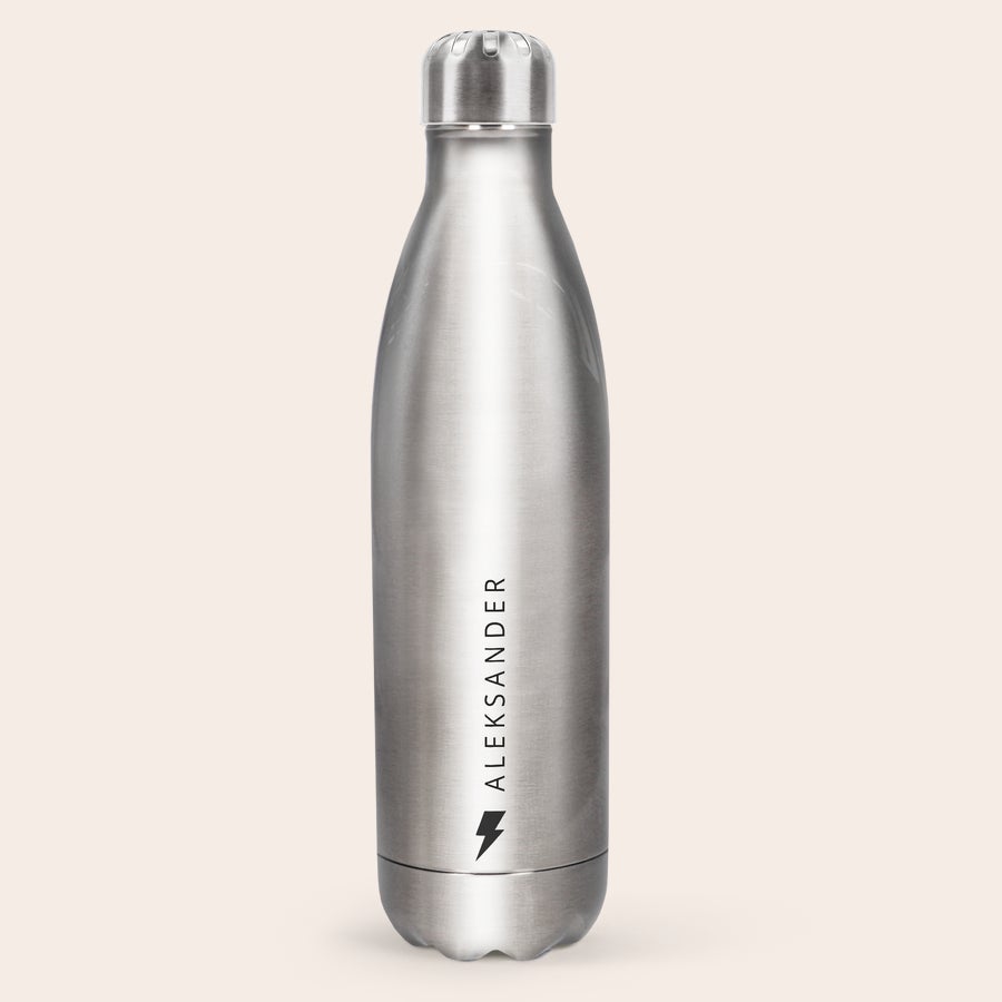 Personlig vannflaske Aluminiumisolert vannflaske med navnet ALEKSANDER og et lyn symbol trykt på.