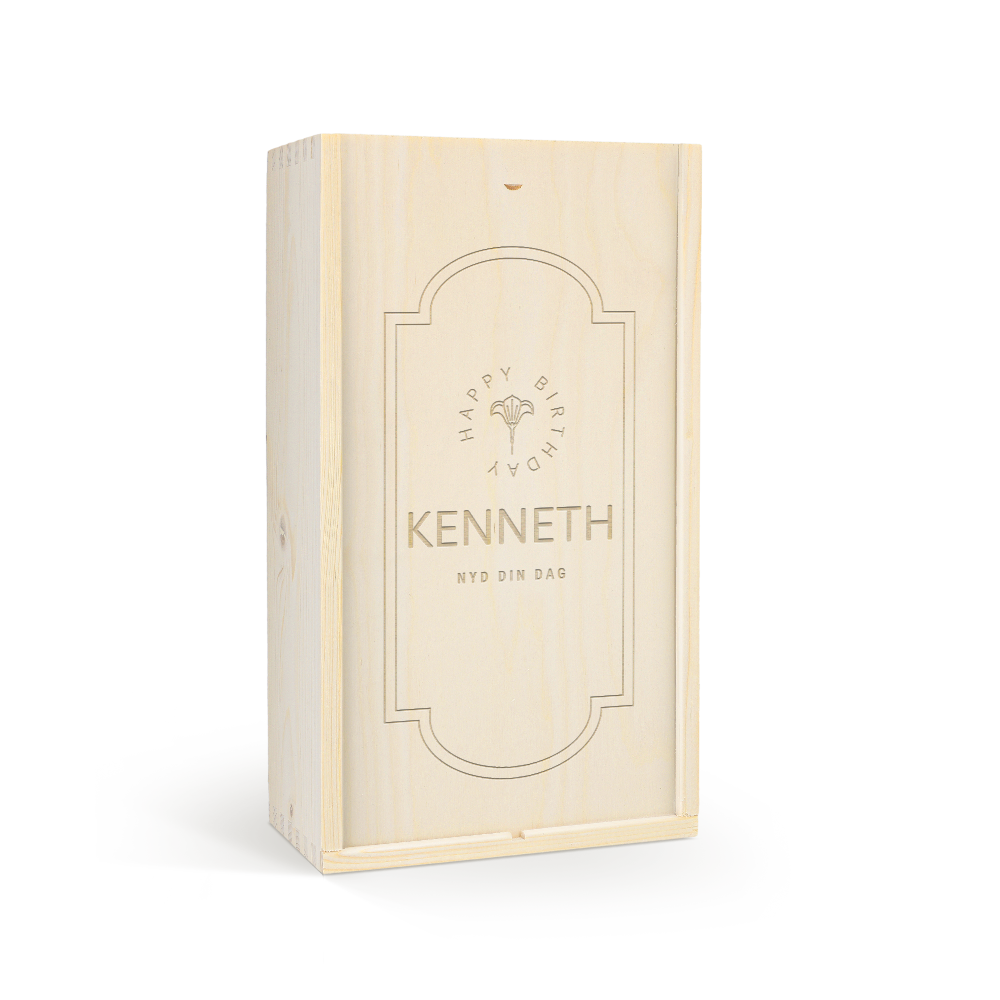 Trææske med gin & tonic-gavesæt, personliggjort med indgraveret navn Kenneth og Happy Birthday-tekst