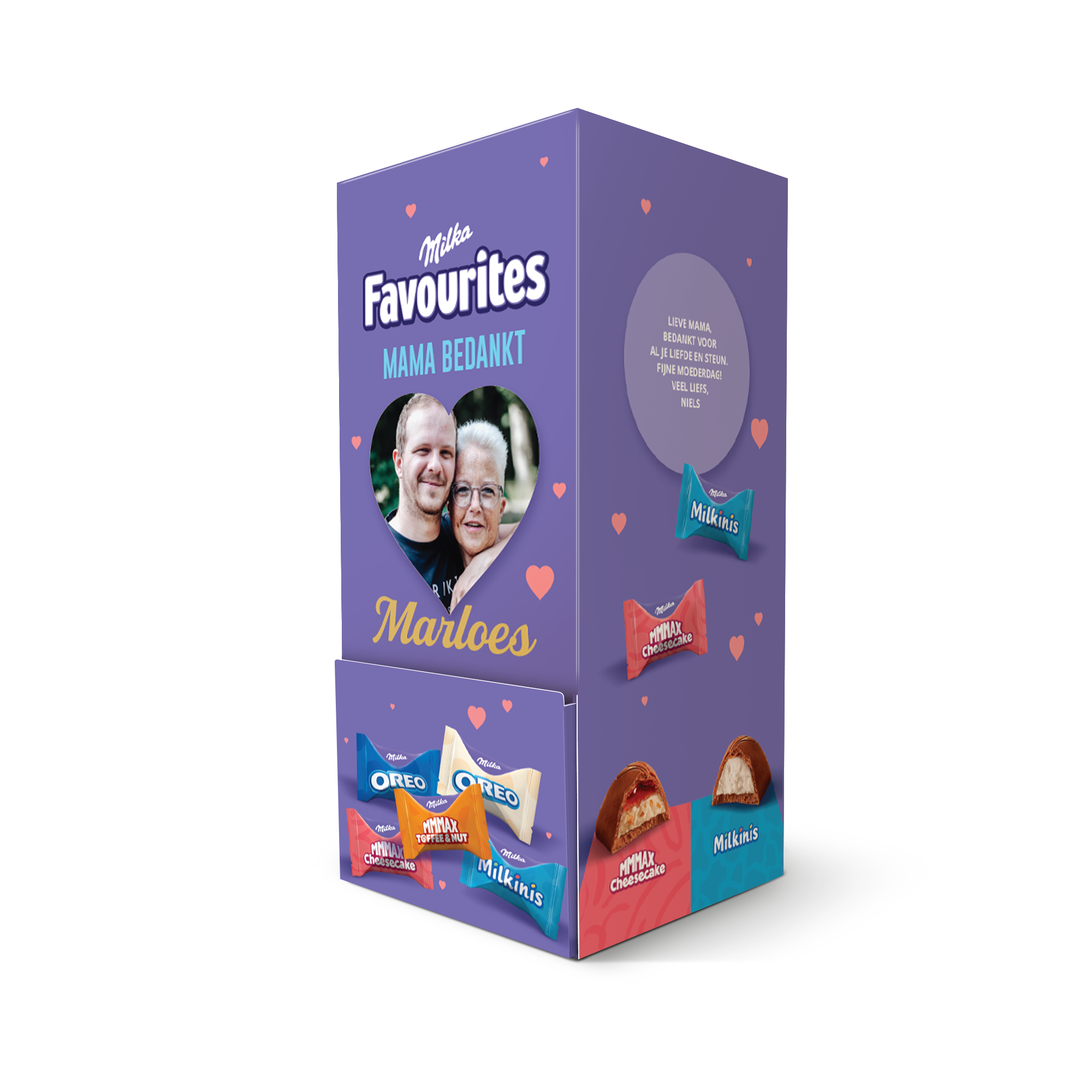 Paarse Milka Favourites dispenser bedrukt met een foto van een man en vrouw en de naam Marloes. Ook gepersonaliseerd met een bedanktekst voor mama.