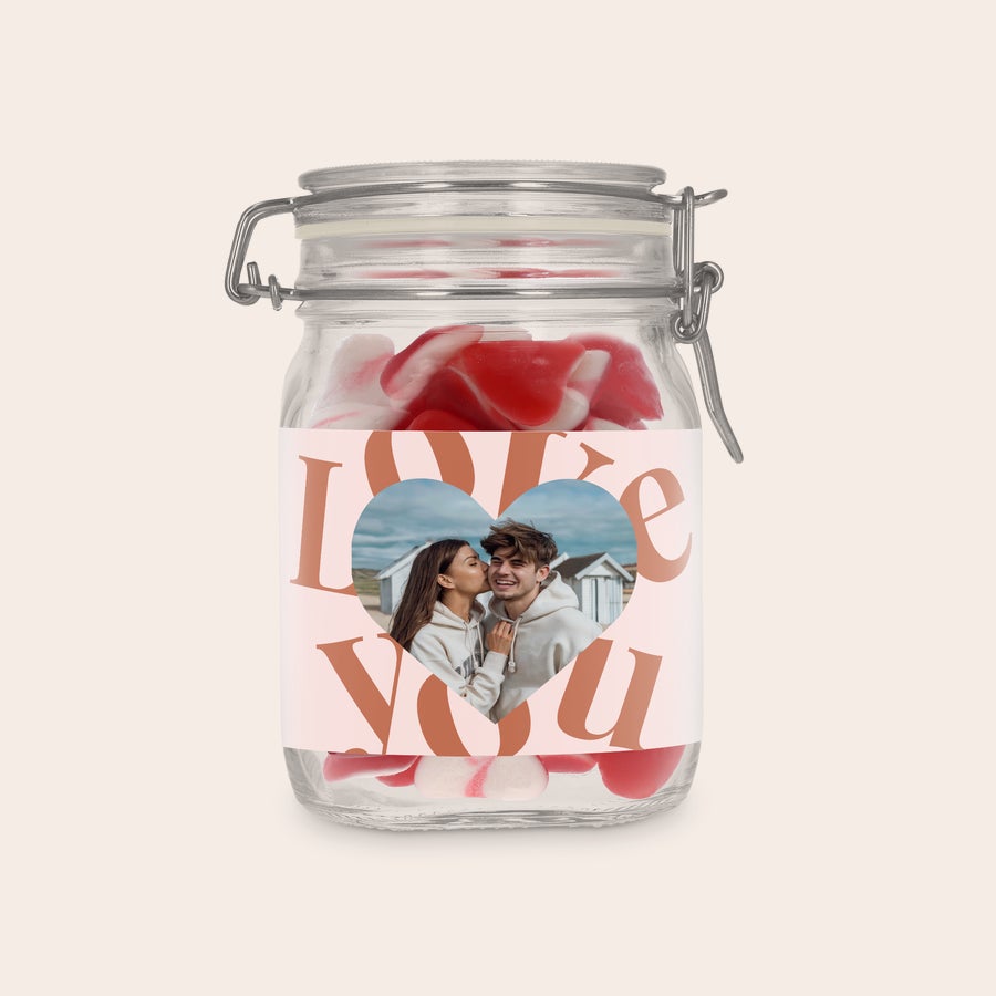 Barattolo di caramelle personalizzato Barattolo per dolci personalizzato con cuori rossi, con etichetta stampata con foto di coppia e la scritta Love You
