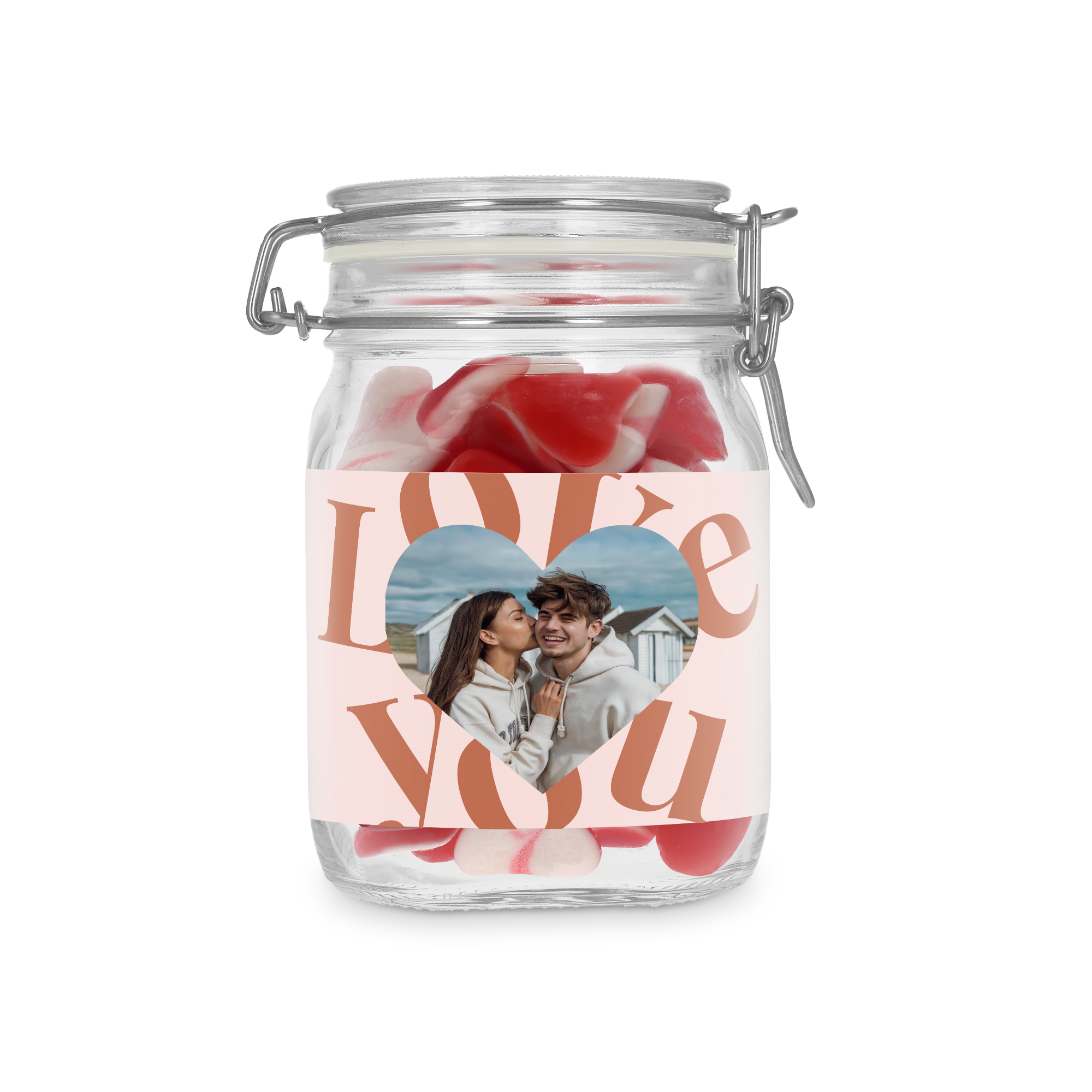 Pote de doces personalizado com corações, foto do casal e texto Love You impresso