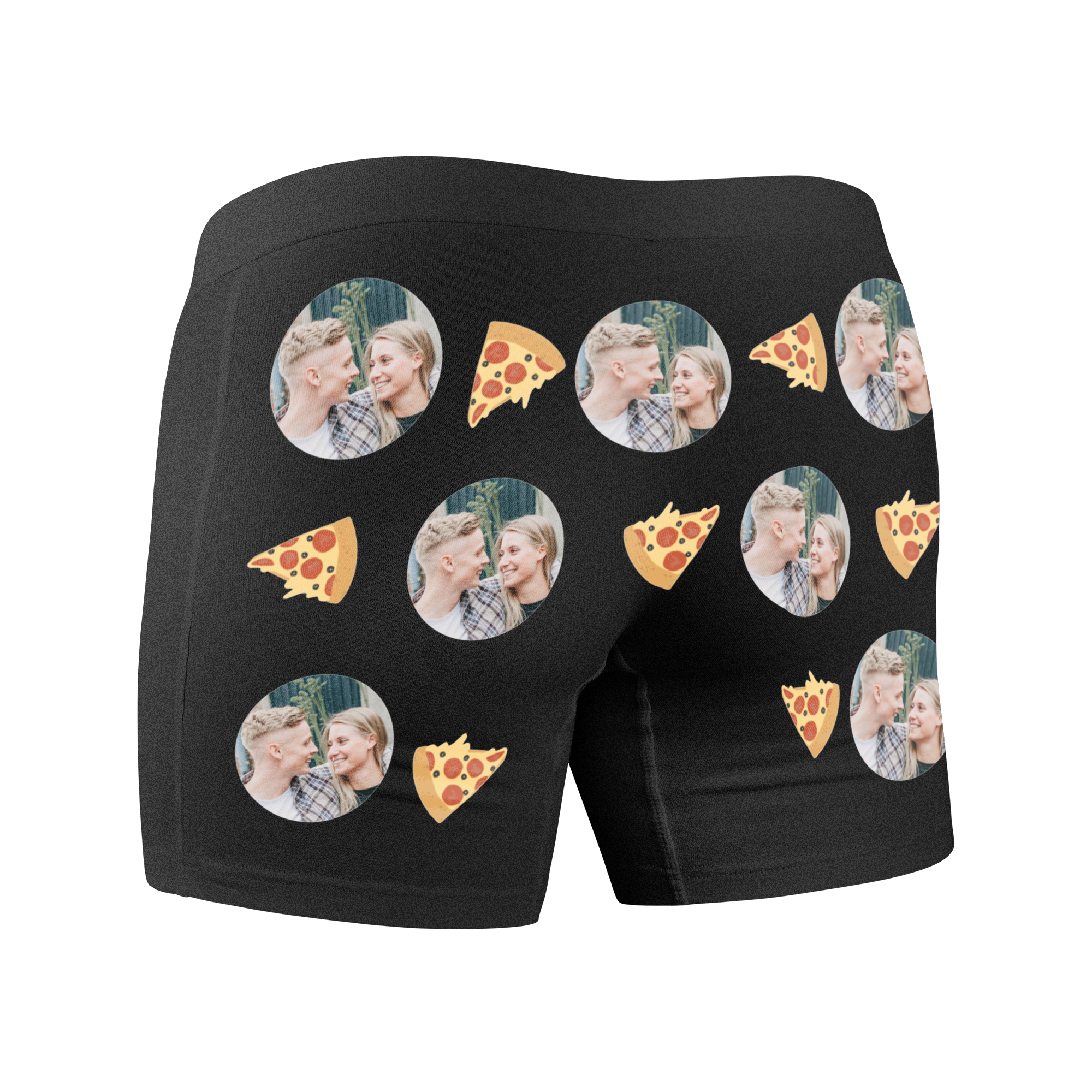 Schwarze Unterhose mit Foto und Pizza-Design bedruckt, zeigt mehrere Paare glücklich lächelnd