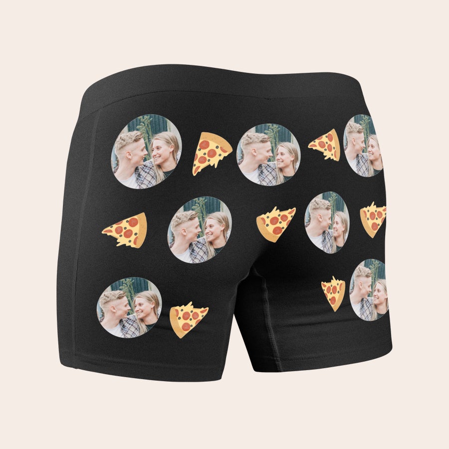 Boxerky s fotografií Černé boxerky personalizované fotografií páru a obrázky pizzy