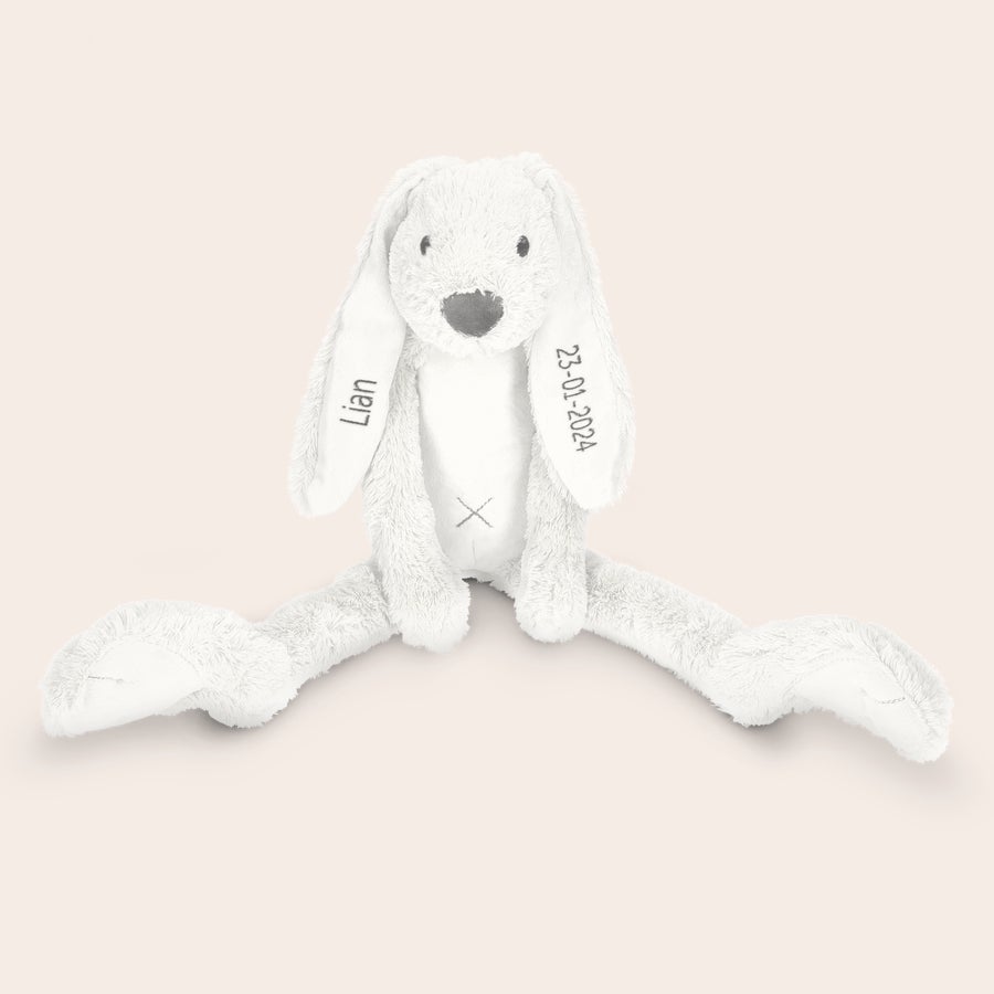 Personalisiertes Kuscheltier - Happy Horse Niedliches weißes Kuschelkaninchen mit dem Namen Lian und dem Datum 23-01-2024 auf den Ohren bestickt