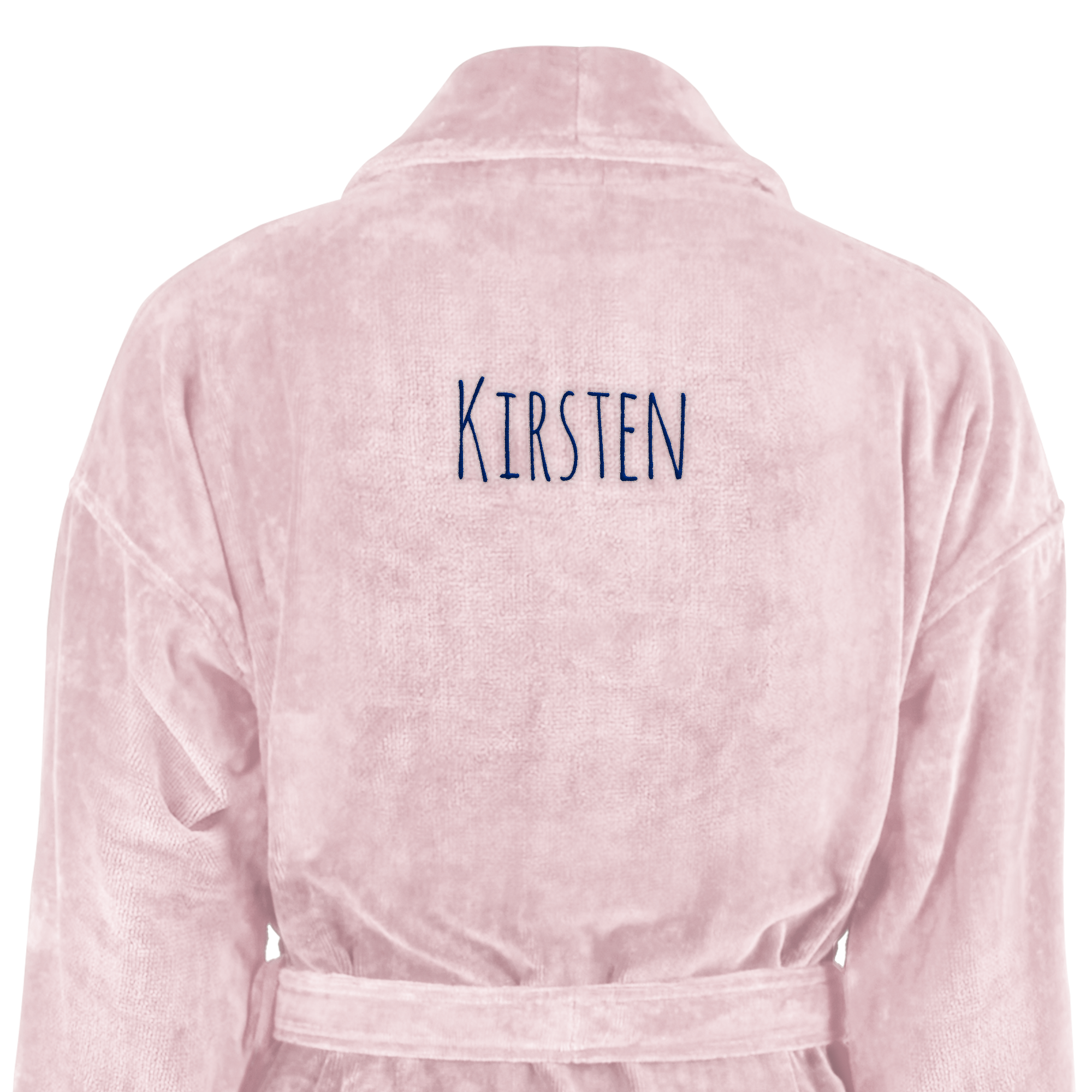 Roze badjas met de naam KIRSTEN in donkerblauw geborduurd op de rug, ideaal als gepersonaliseerd cadeau.