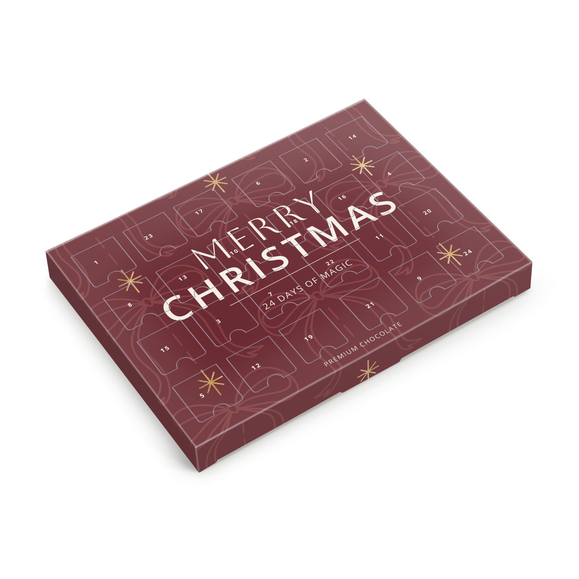 Calendario de adviento de chocolates personalizado con el texto "MERRY CHRISTMAS" y "24 DAYS OF MAGIC" impreso.