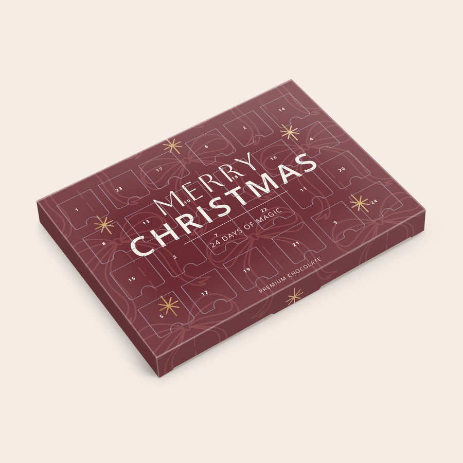 Personalised advent calendar - Photo chocolates Personalised photo chocolates advent calendar with "Merry Christmas" and "24 Days of Magic" printed on the burgundy box