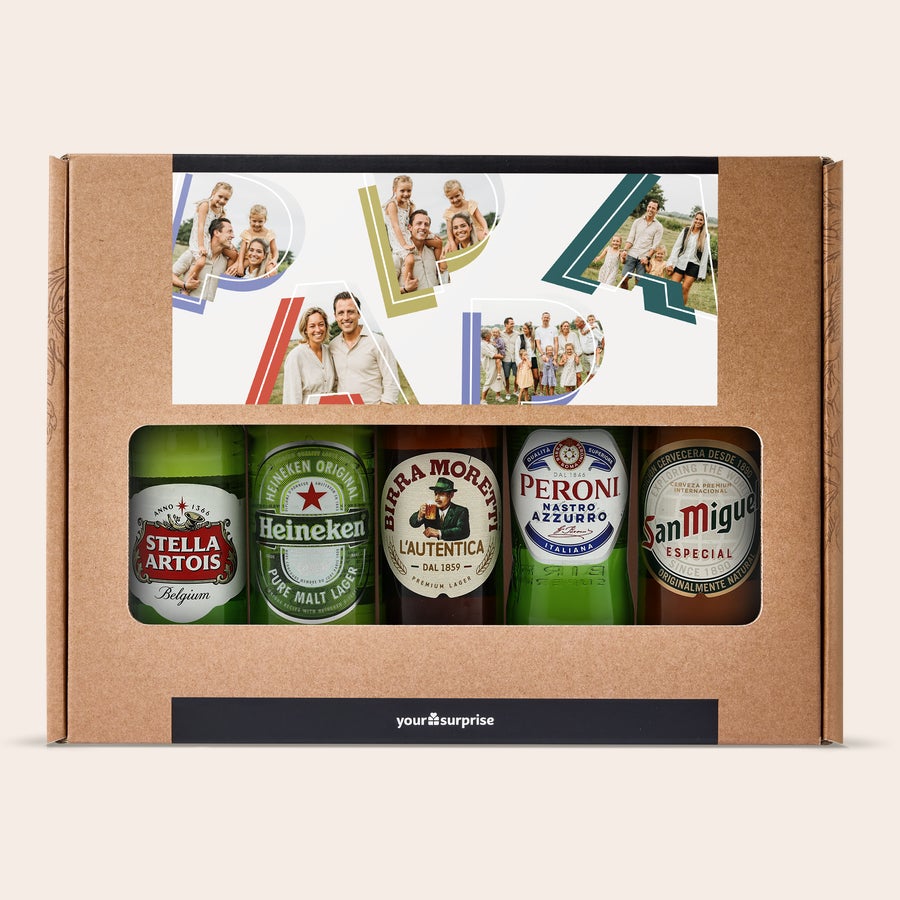 Personlig Ölpresent - Födelsedag Skål! Personligt ölpaket med fem flaskor och foton tryckta på förpackningen
