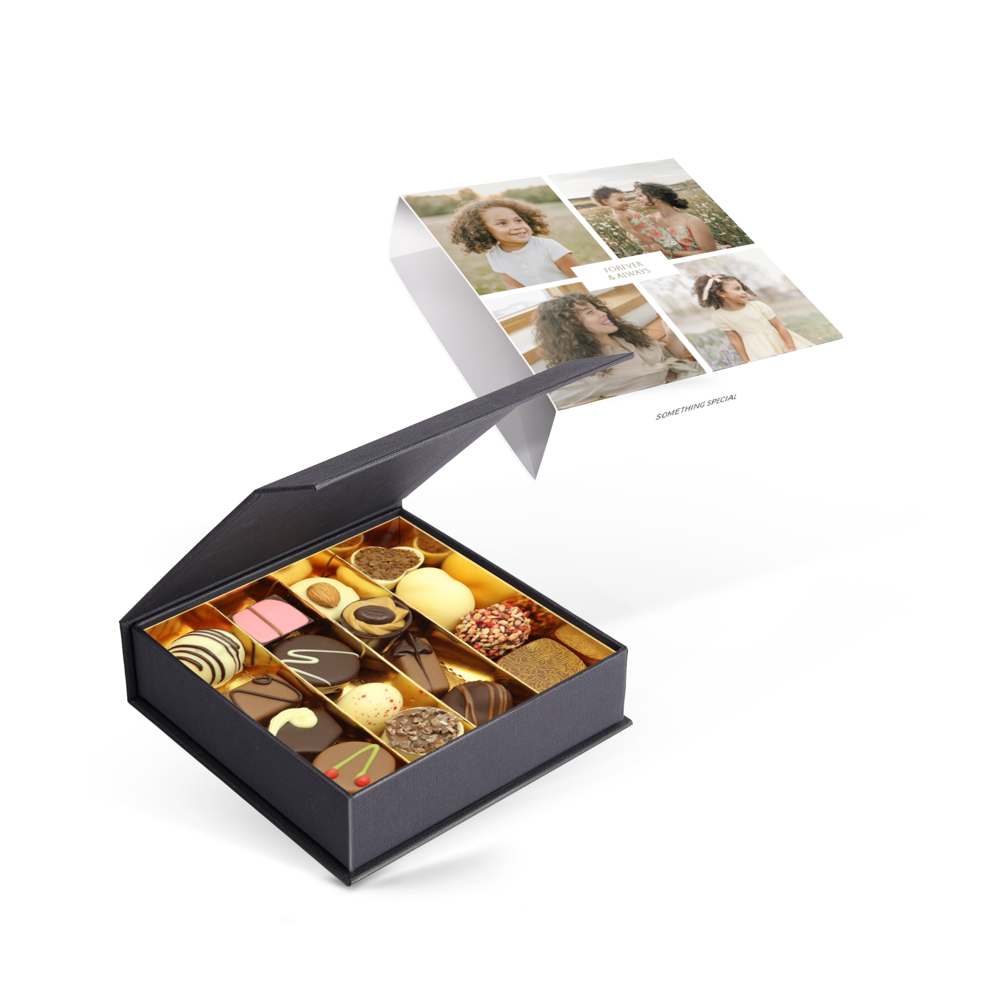 Deluxe personalised chocolates in a gift box with a photo printed sleeve and message Create Sweet Memories