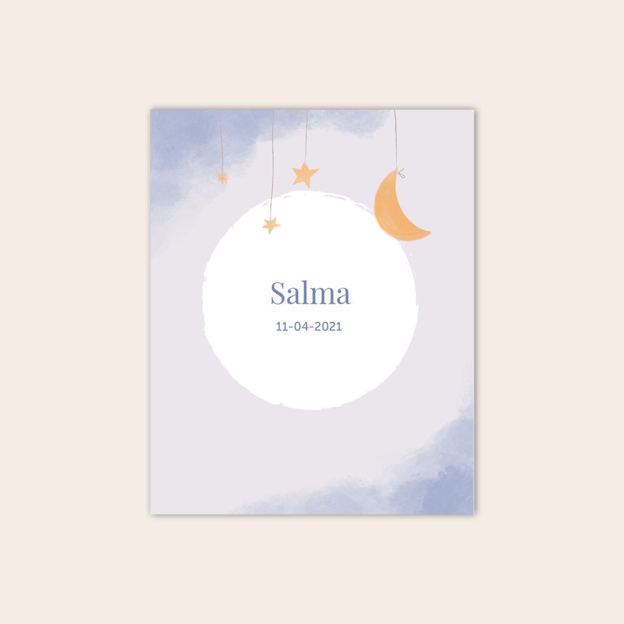Póster de nacimiento Lámina de nacimiento personalizada con diseño de luna y estrellas, impresa con el nombre Salma y la fecha 11-04-2021.