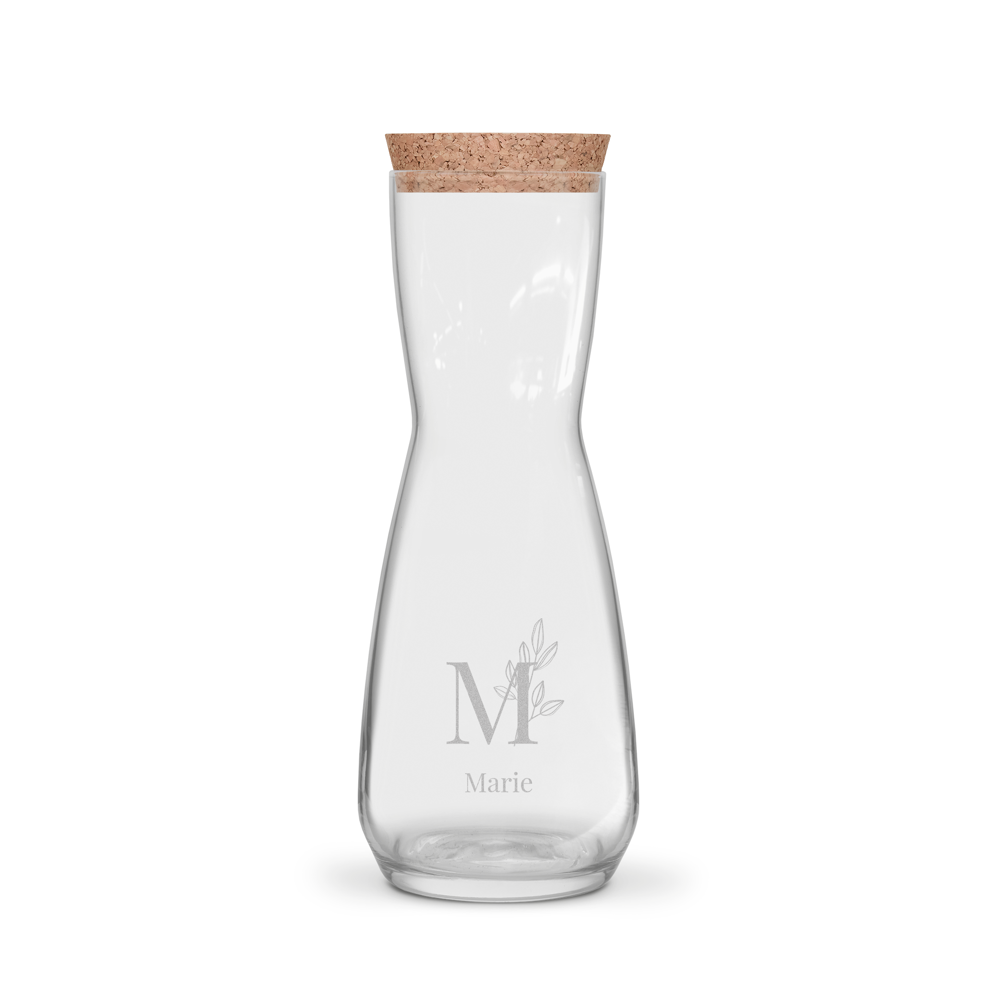 Glas-Karaffe mit Korken, graviert mit dem Buchstaben M, dem Namen Marie und einem Blattdesign
