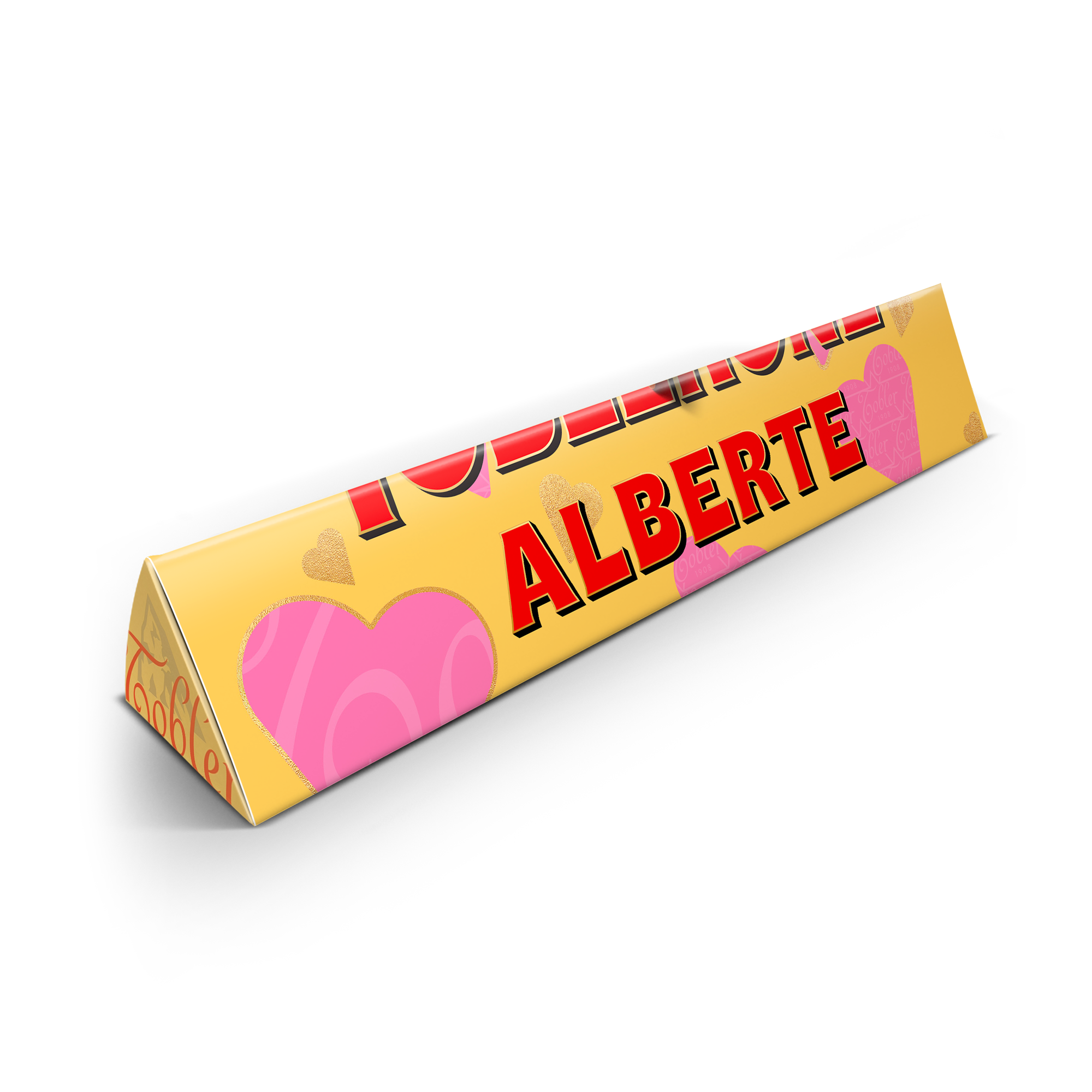 Amor er overflødig med denne Toblerone med navn og billede i kærlighedstema, Albert.