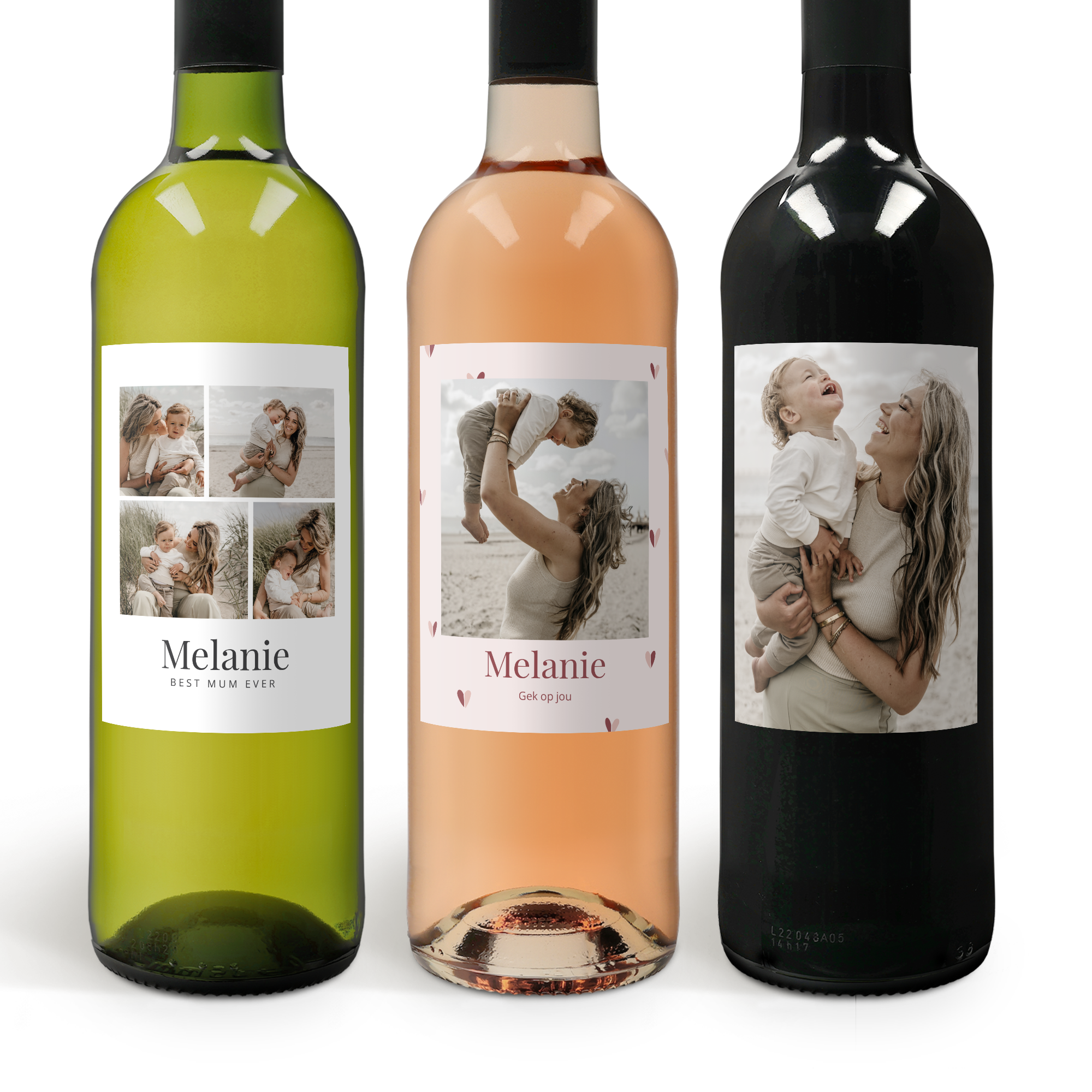 Belvy wijnpakket met drie flessen wijn, wit, rosé en rood, gepersonaliseerd met eigen foto’s en de naam Melanie.