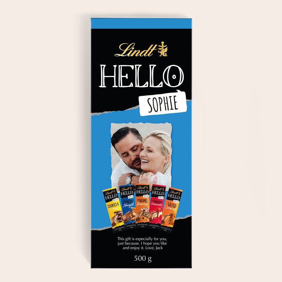 XL Lindt Hello čokoladna ploščica Personalizirano čokoladno darilo XL Lindt Hello z natisnjeno fotografijo in imenom Sophie
