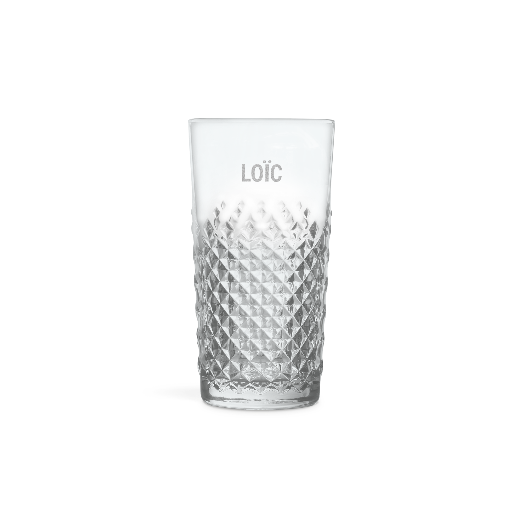 Verre à mojito gravé avec un motif diamant et le prénom Loic pour un cocktail personnalisé.