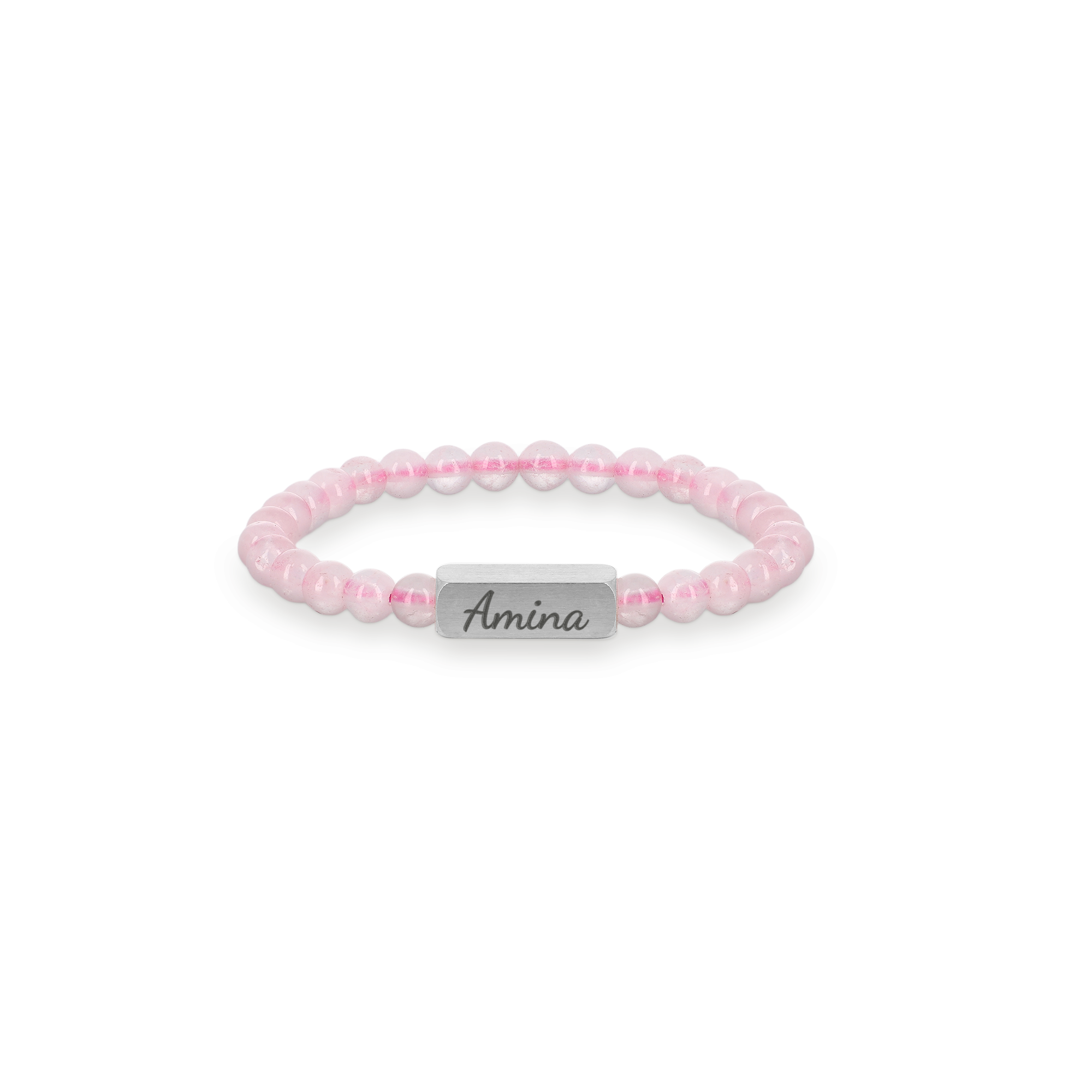 Rosenquarz Armband mit Gravur für Kinder, Größe S, 4mm, Silber. Ein personalisiertes Armband mit eingraviertem Namen auf der silbernen Platte.