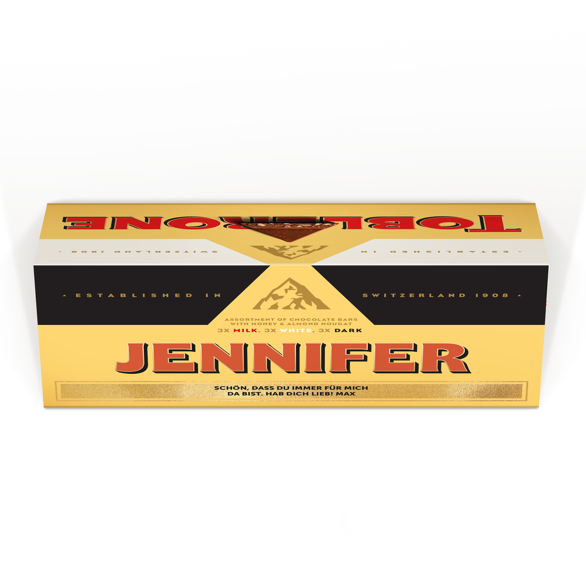 Die personalisierte XL Toblerone mit Name Jennifer und Text "Schön, dass du immer für mich da bist. Hab dich lieb! Max", gedruckt auf gold-schwarzer Verpackung.